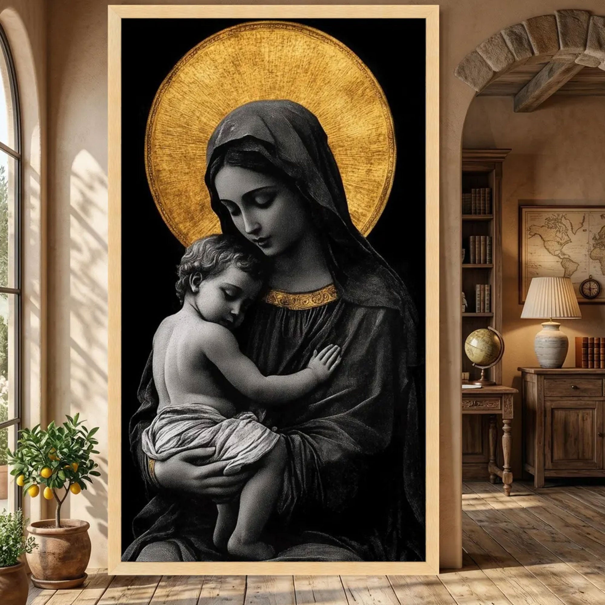 Madonna and Child Black Gold Canvas Wall Art, Virgin Mary Baby Jesus, Catholic Religious Decor