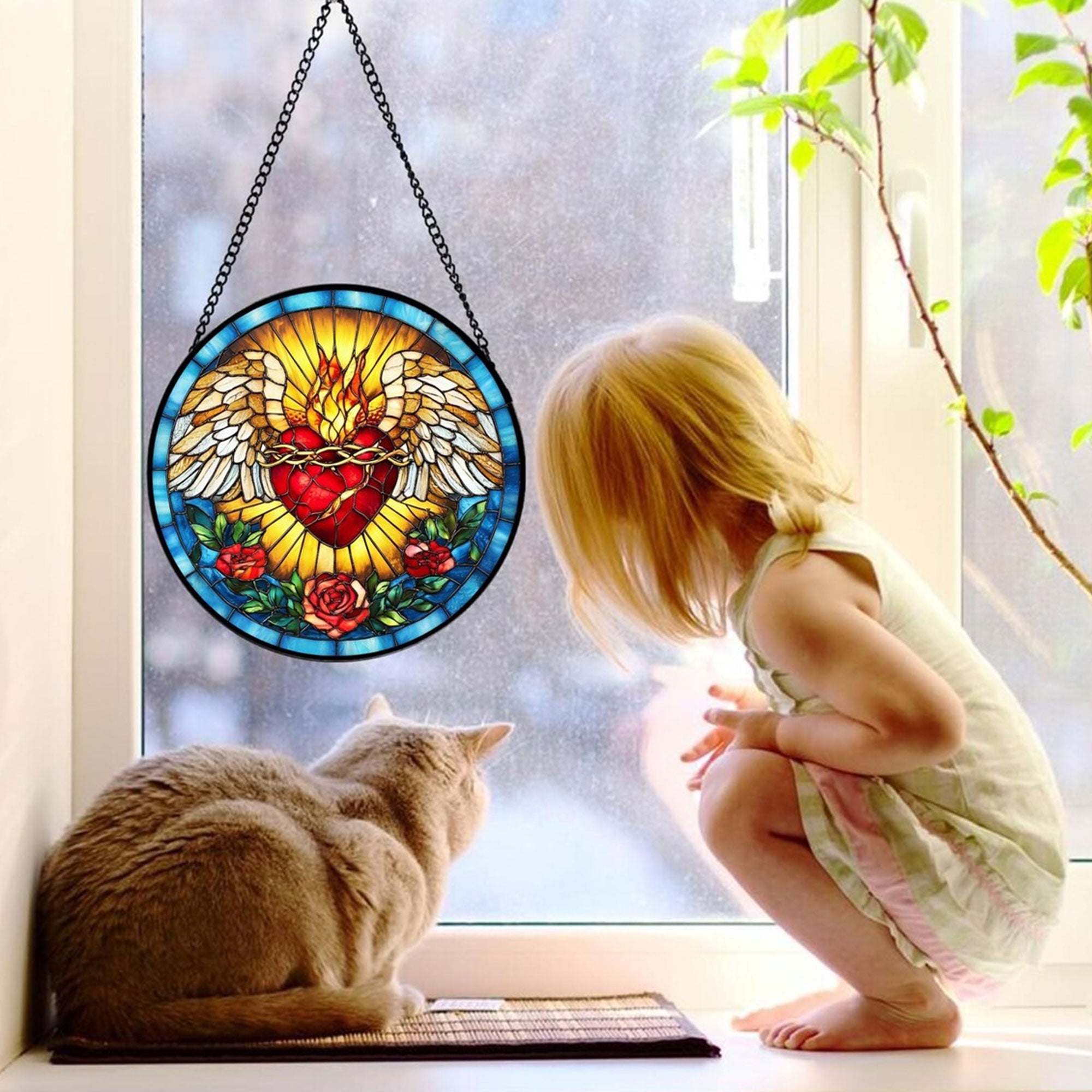 Sacred Heart of Jesus Stained Glass Suncatcher, Catholic Window Hanging Decor, Christian Religious Faith Gift