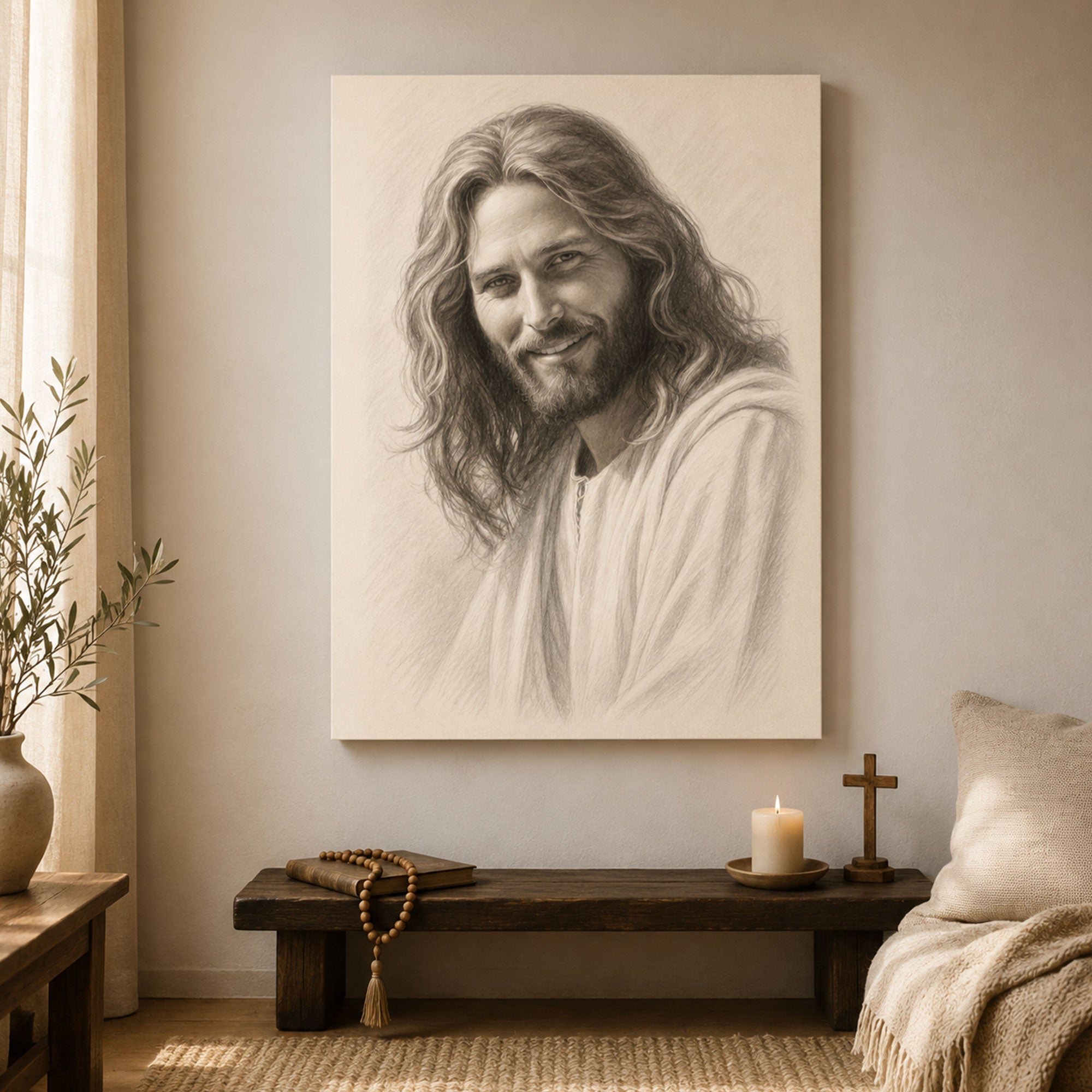 Jesus Pencil Sketch Canvas Print, Christian Portrait Wall Art, Minimalist Faith Home Decor