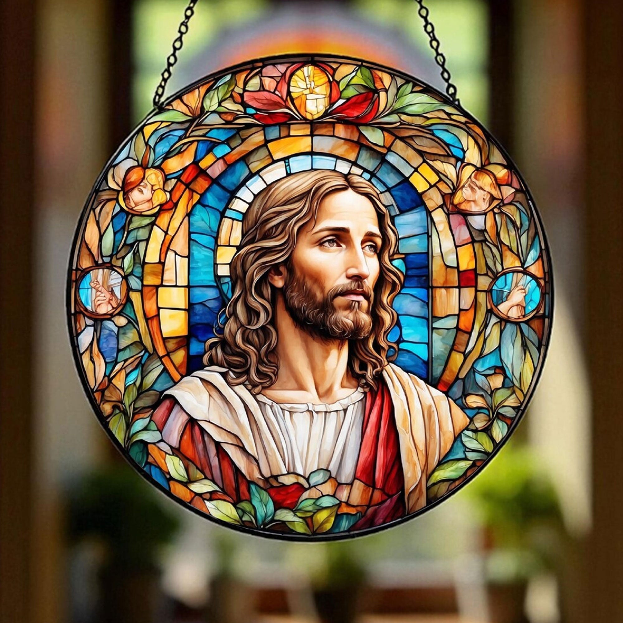 Jesus Christ Suncatcher, Christian Stained Glass Window Hanging, Religious Home Decor Gift