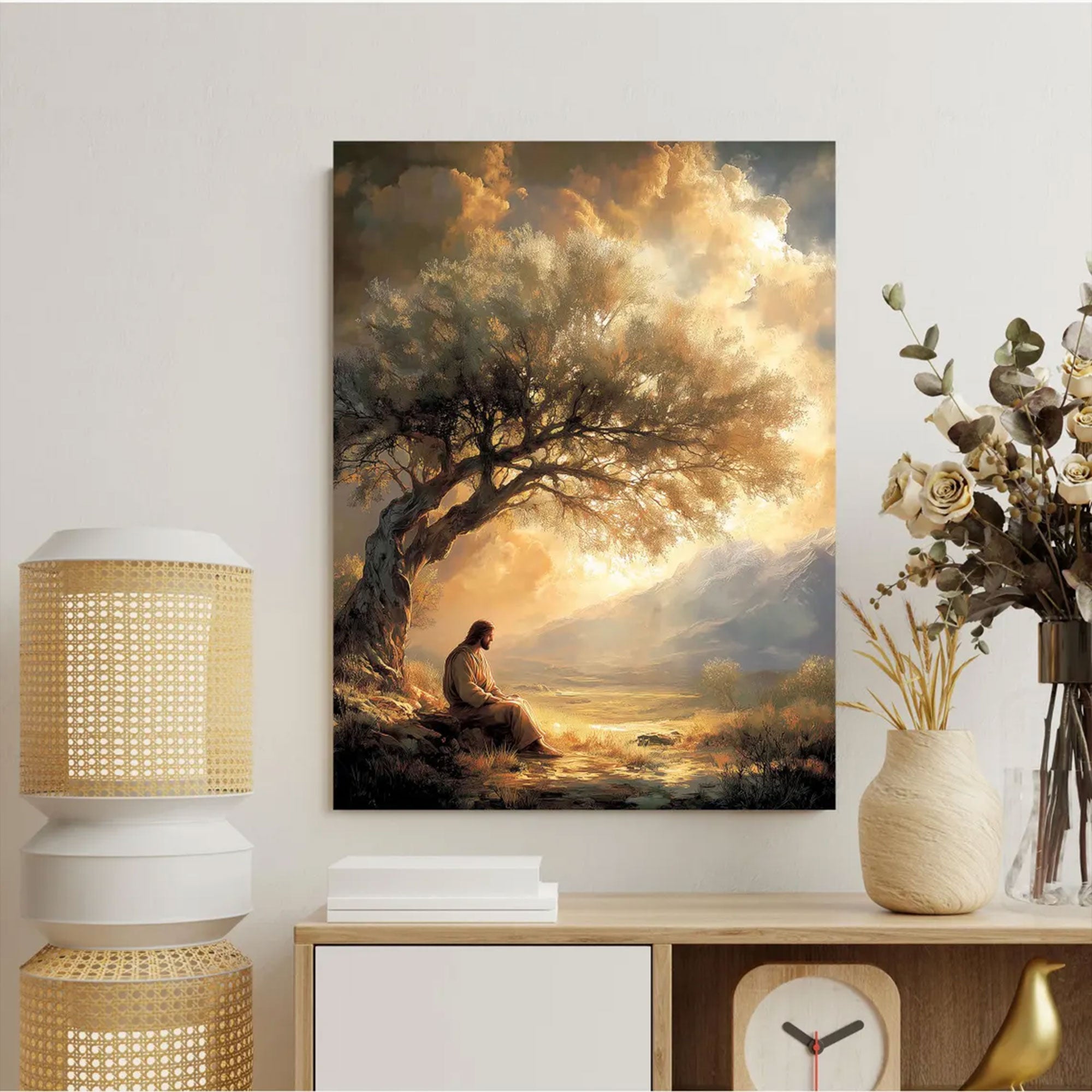 Jesus Praying Under Tree Canvas Wall Art, Christian Faith Landscape, Religious Home Decor