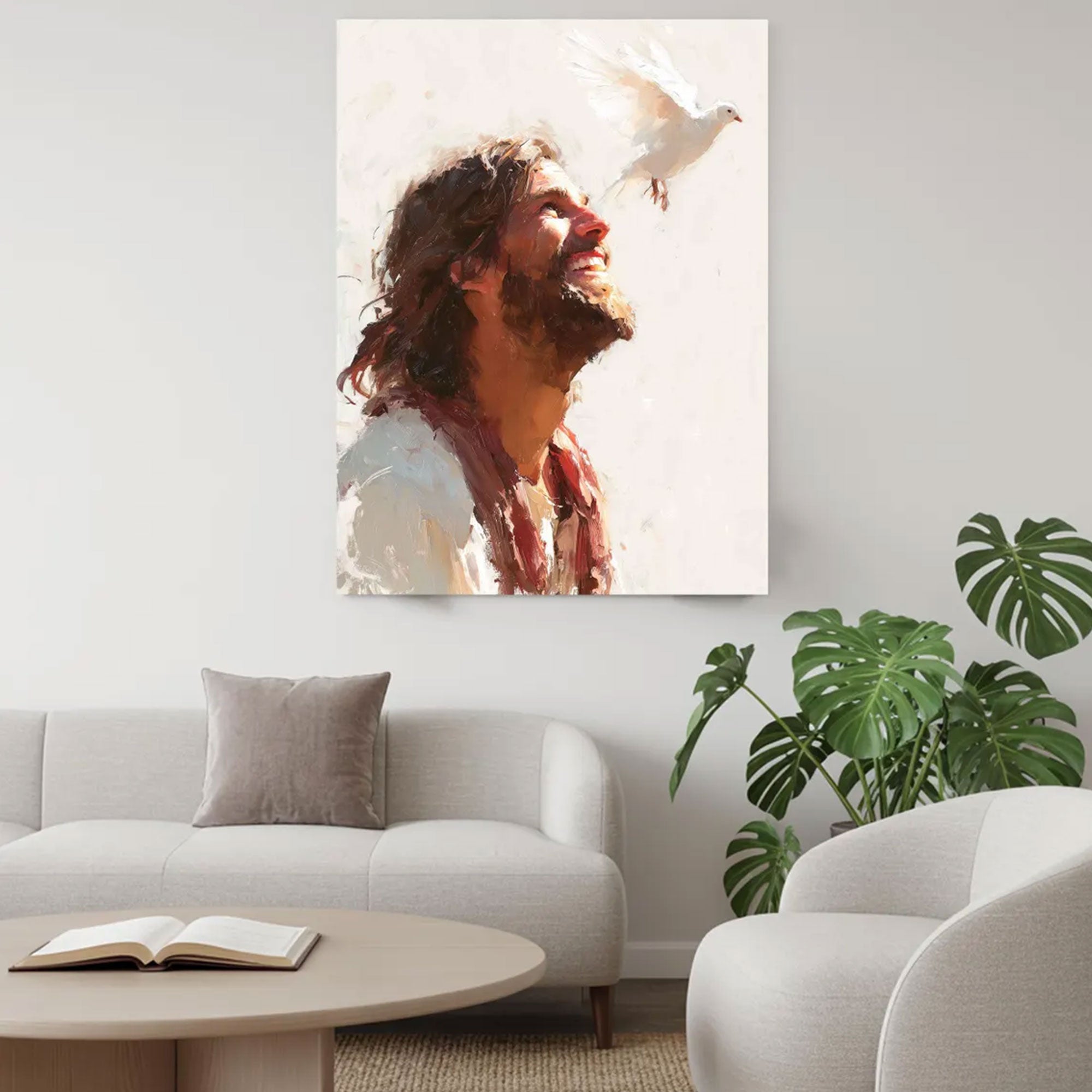 Jesus With Dove Canvas Print, Holy Spirit Christian Wall Art, Peaceful Savior Faith Decor
