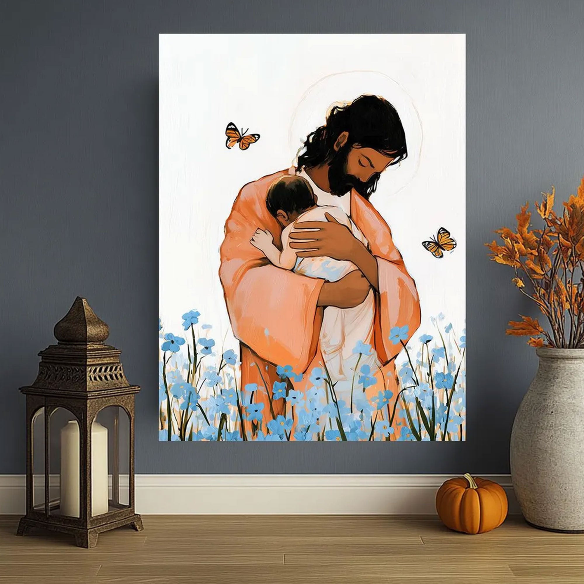 Jesus Holding Child Canvas Wall Art, Heavenly Embrace Painting, Christian Comfort Decor, Faith Inspired Nursery Artwork, Spiritual Gift