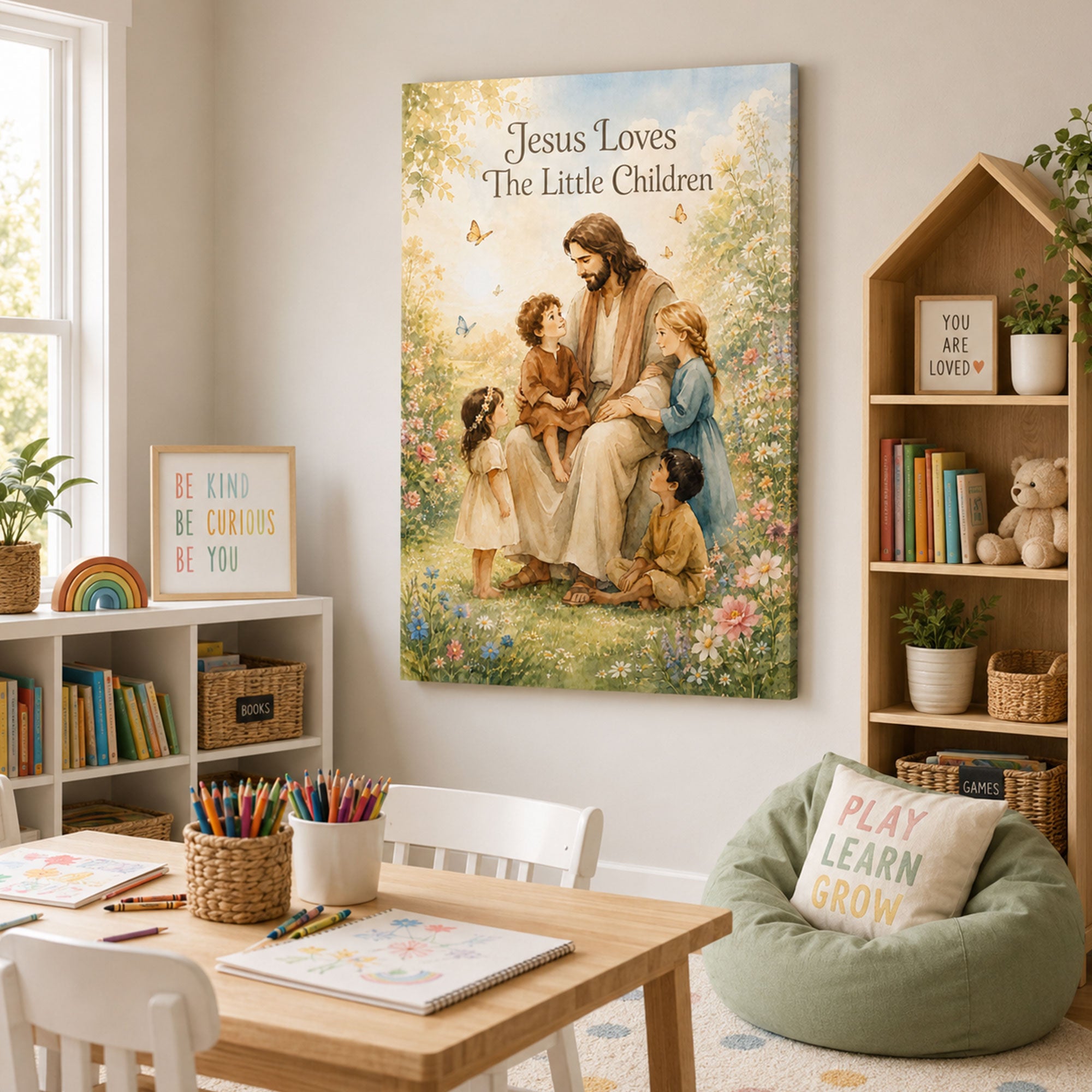 Jesus Loves The Little Children Canvas Print Christian Nursery Wall Art Watercolor Jesus with Kids Faith Decor