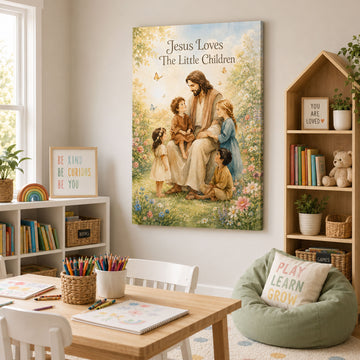Jesus Loves The Little Children Canvas Print Christian Nursery Wall Art Watercolor Jesus with Kids Faith Decor