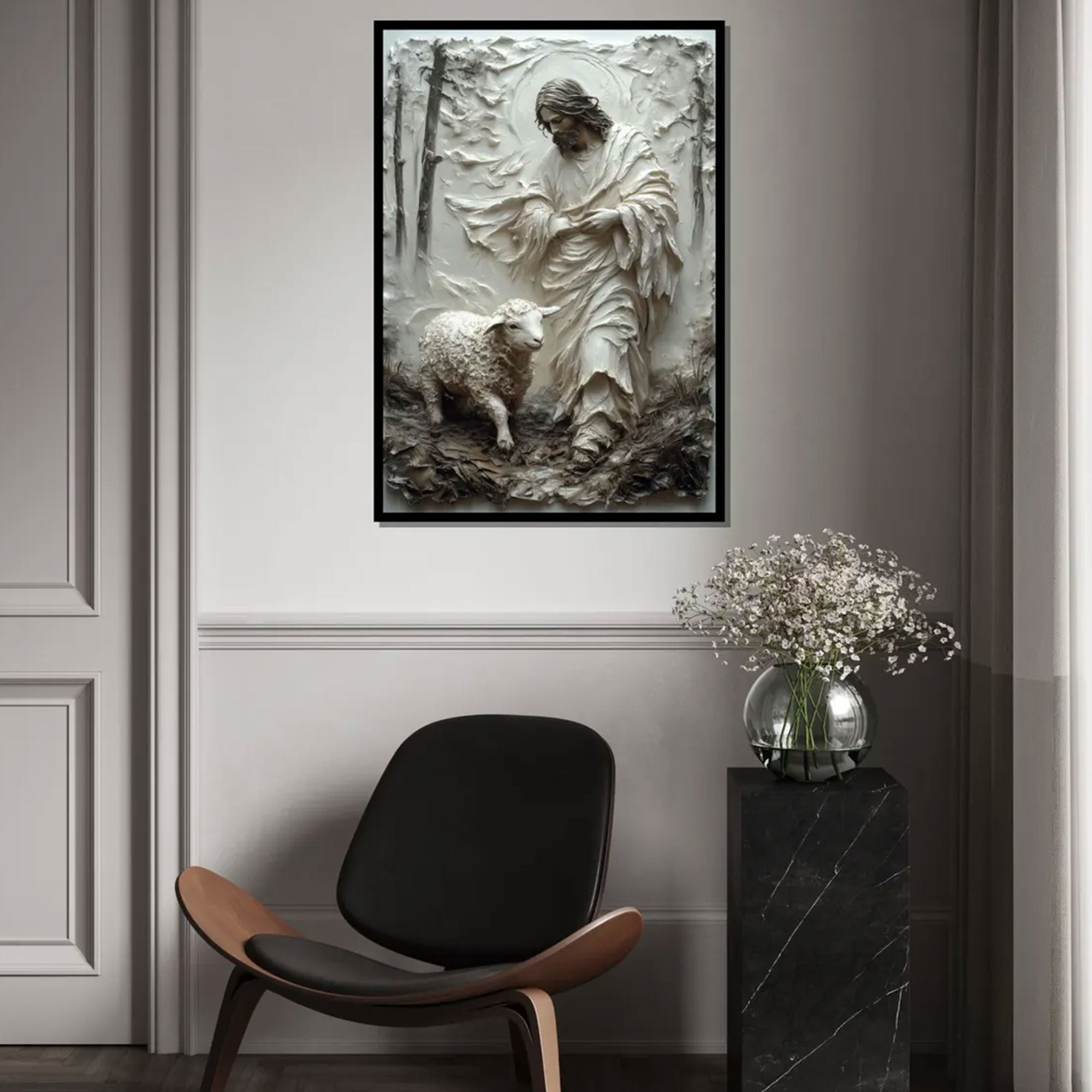 Good Shepherd Canvas Print, 3D Impasto Jesus with Lamb Wall Art, Earthy Neutral Christian Decor, Inspirational Faith Gift, Religious Home Artwork