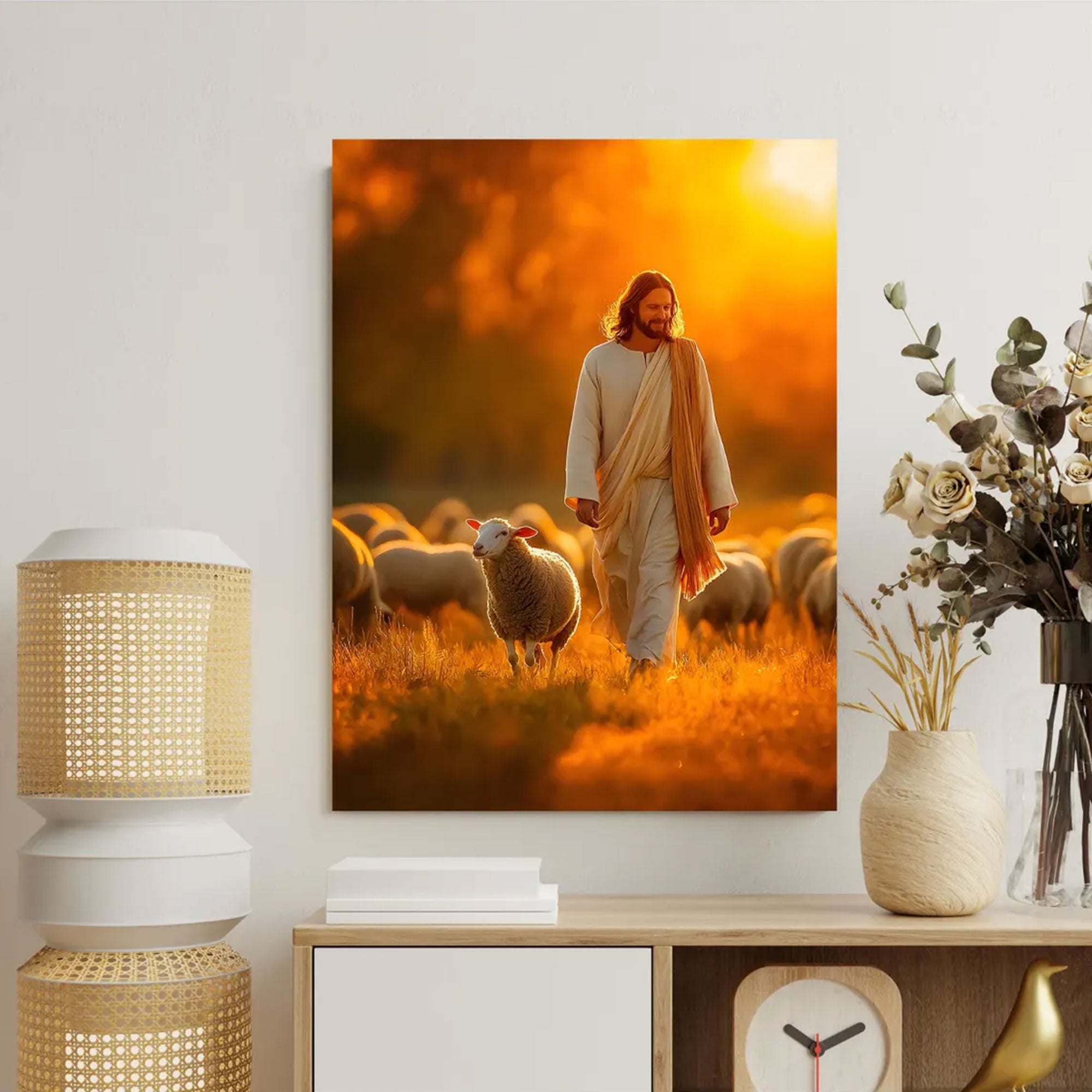 Jesus Good Shepherd Canvas Print, Sunset Christian Wall Art, Faith Inspired Shepherd Artwork, Spiritual Home Decor