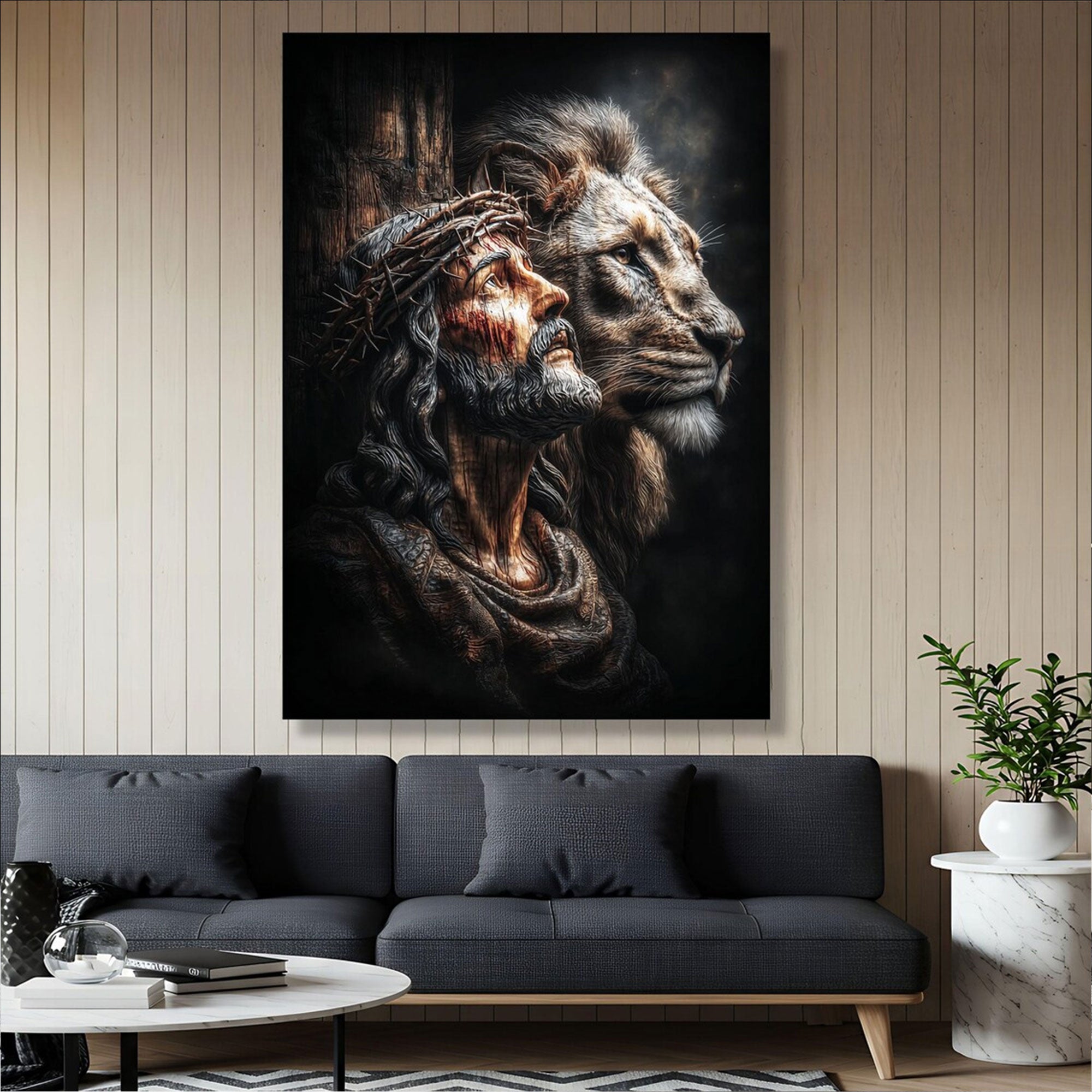 Jesus with Crown of Thorns and Lion Canvas Print, Christian Faith and Strength Wall Art, Inspirational Spiritual Decor