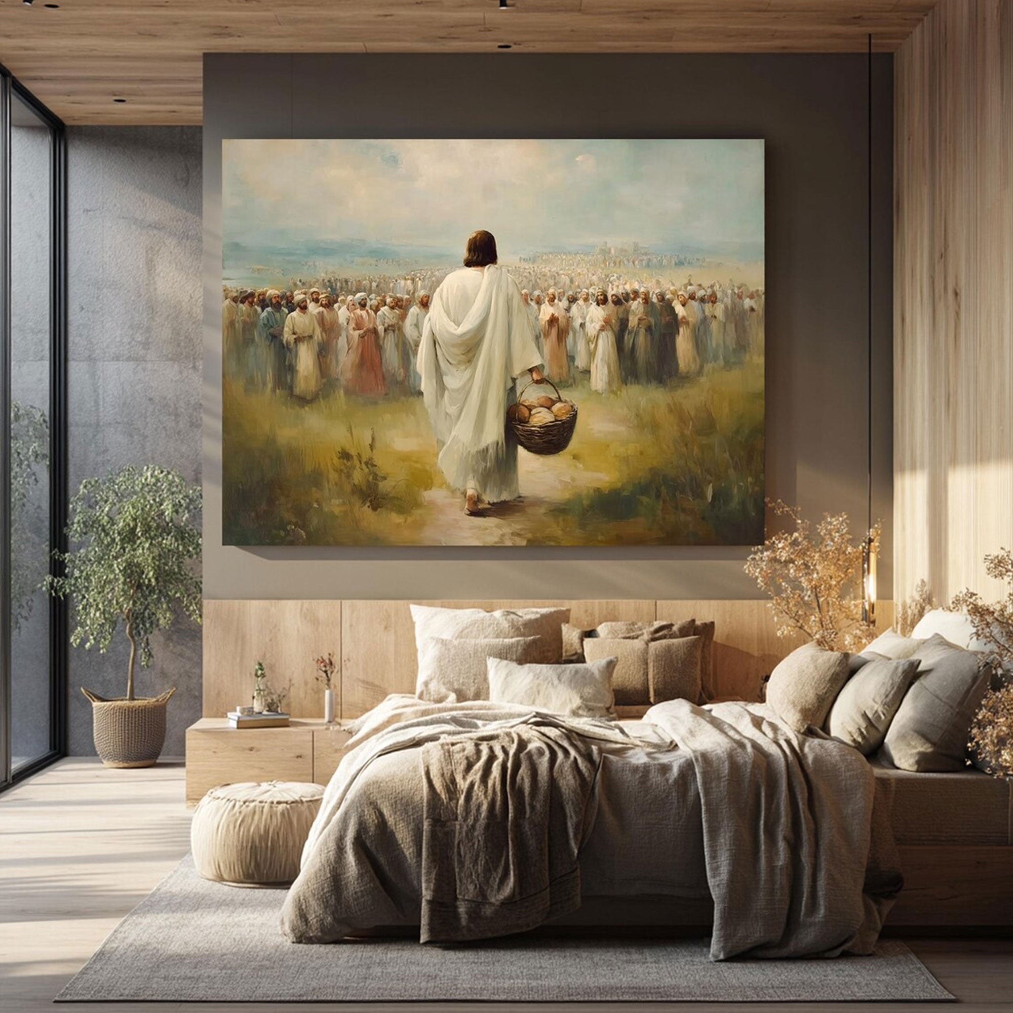 Jesus Feeding the Multitude Canvas Wall Art, Loaves and Fish Miracle Painting, Christian Faith Home Decor