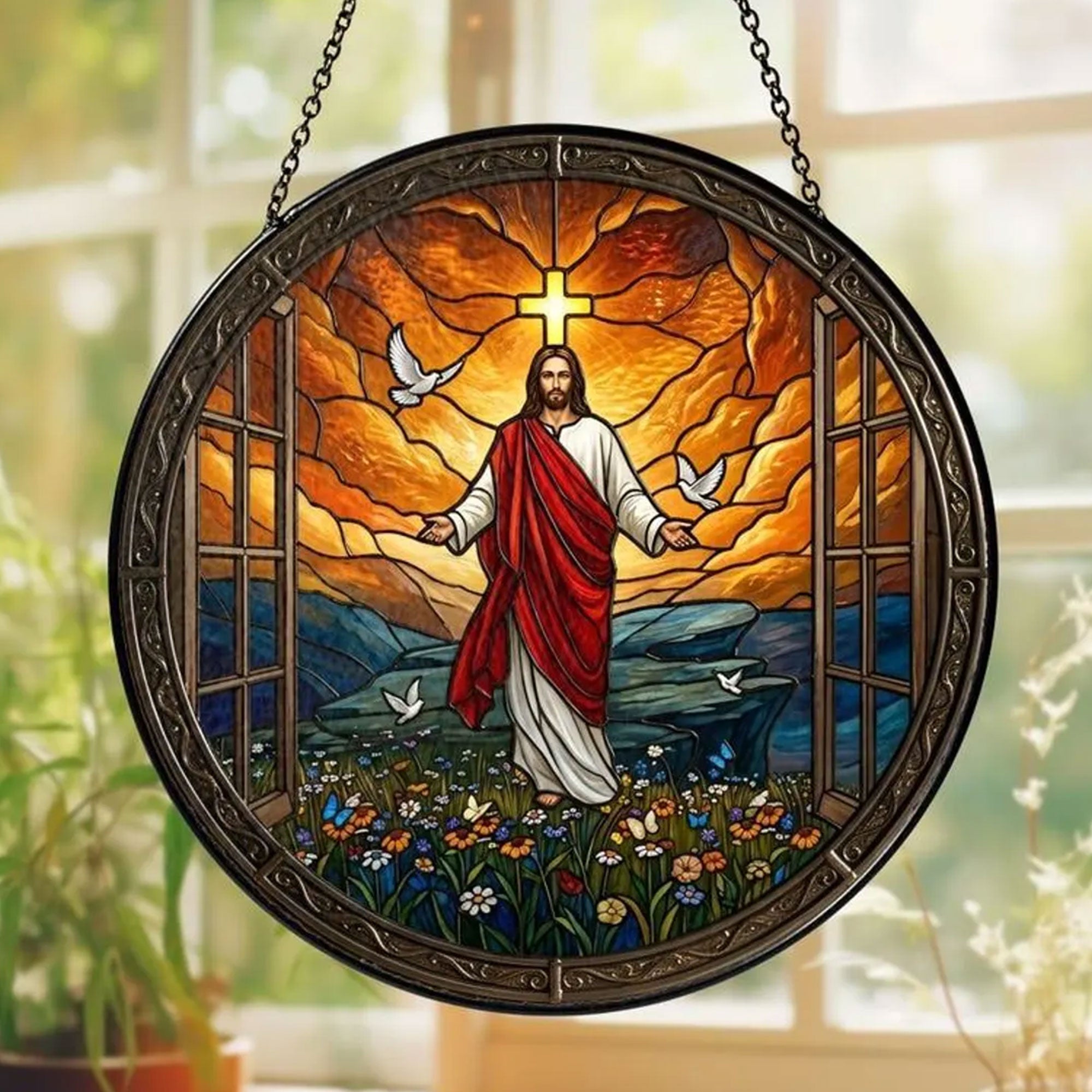 Jesus Stained Glass Suncatcher, Christian Window Hanging Decor, Religious Art Gift for Home