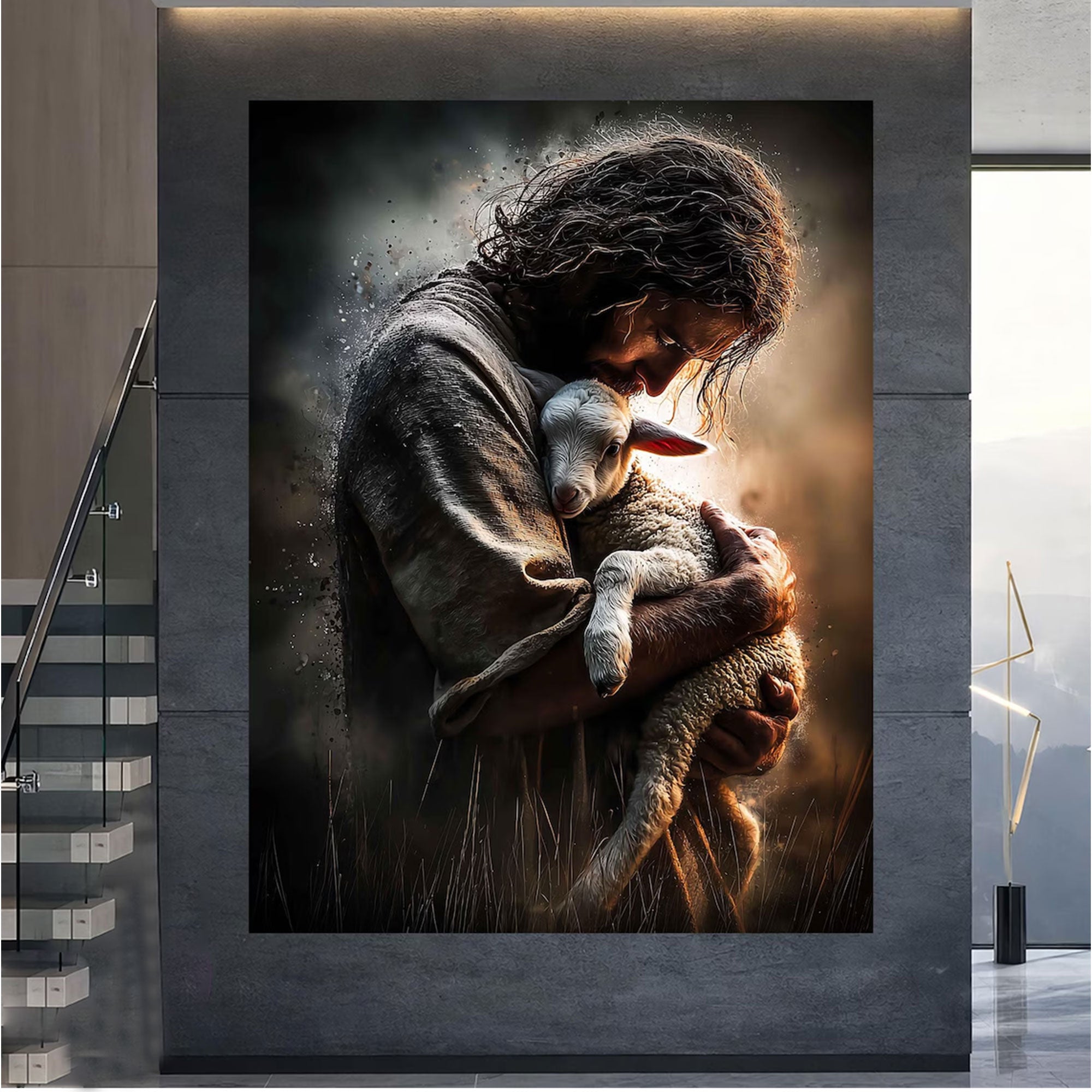 Jesus Holding Lamb Canvas Print, Good Shepherd Christian Wall Art, Religious Home Decor