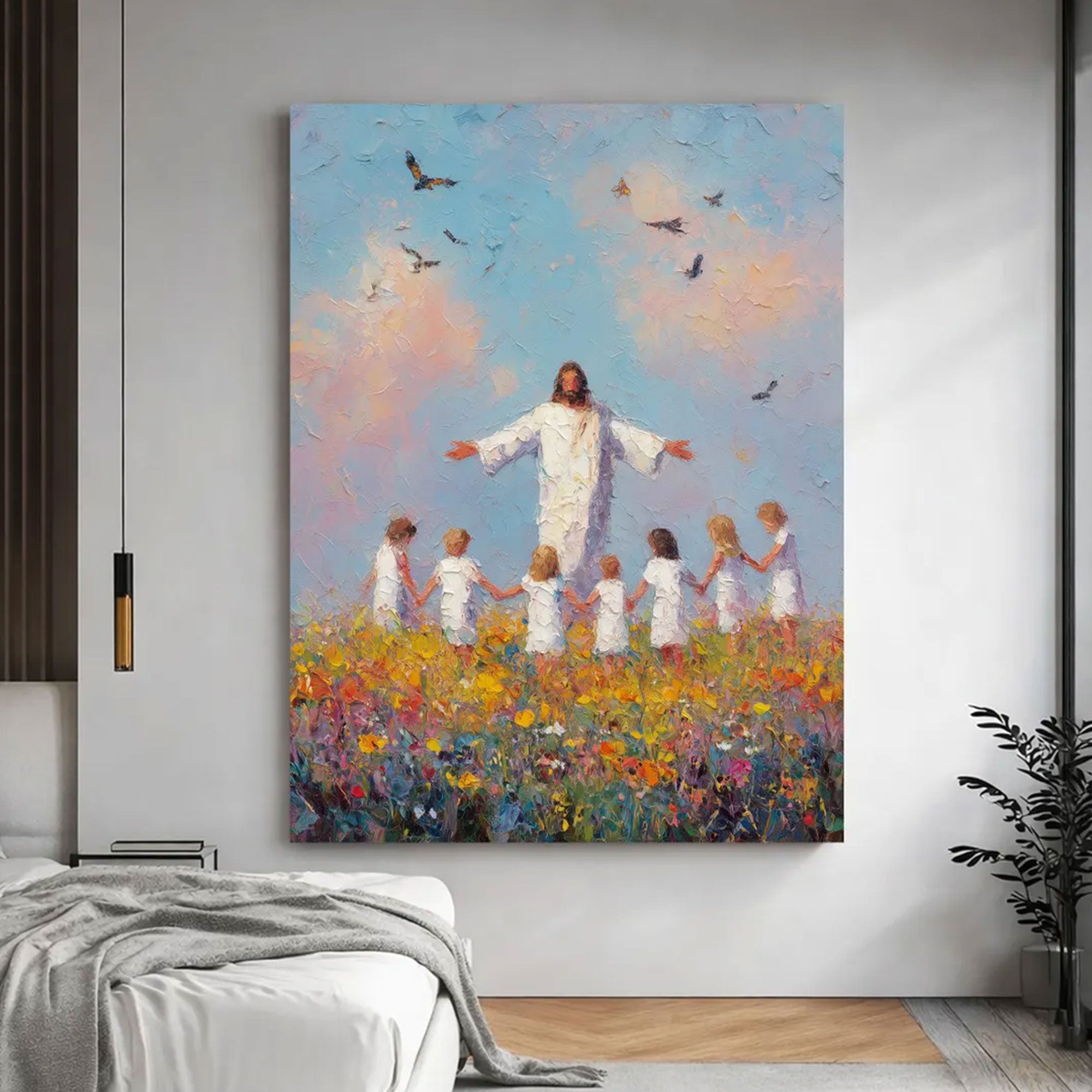 Jesus and Children Canvas Print, Colorful Christian Wall Art, Religious Home Decor