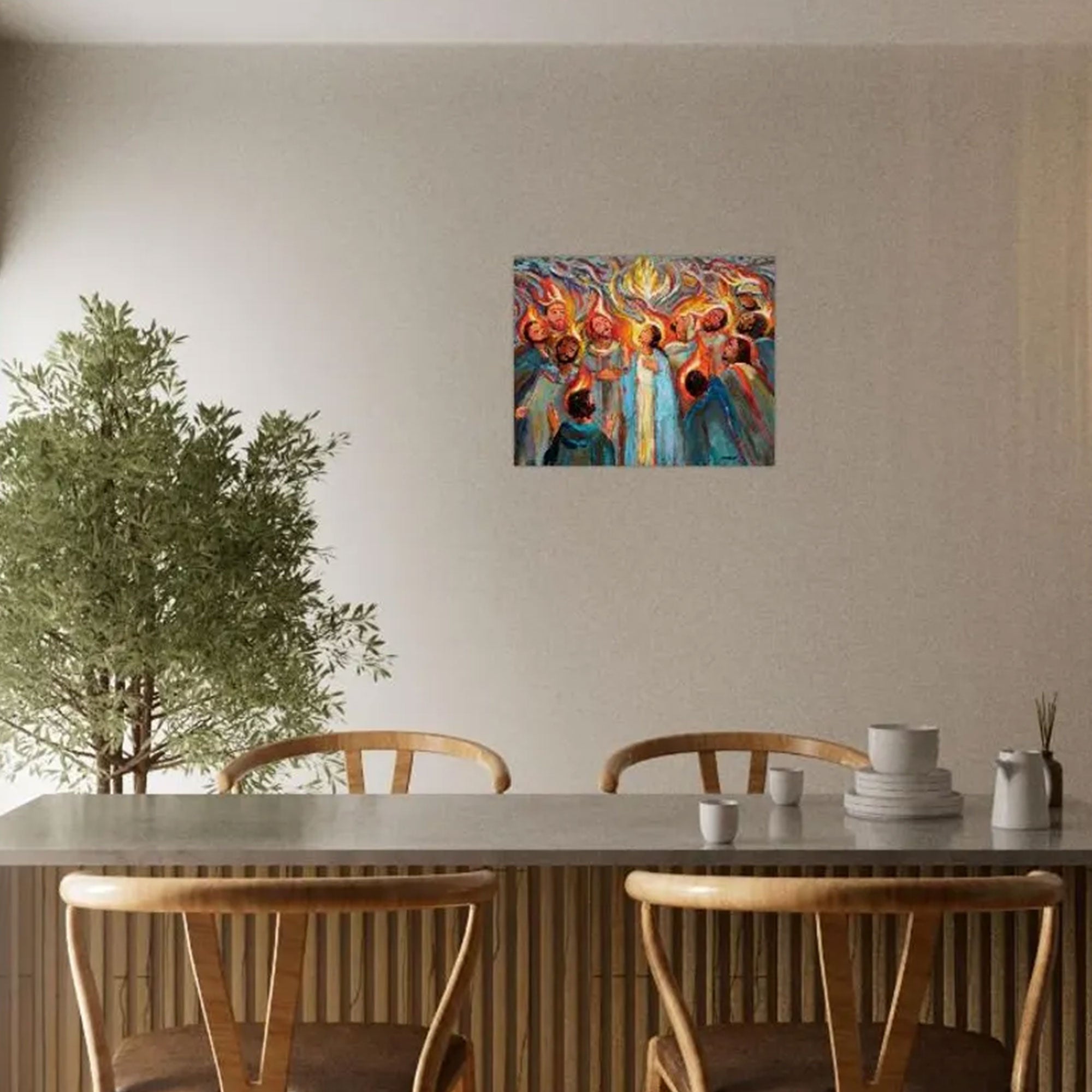 Pentecost Canvas Wall Art, Fire of the Holy Spirit with Mary and Disciples, Christian Faith Decor, Sacred Religious Artwork
