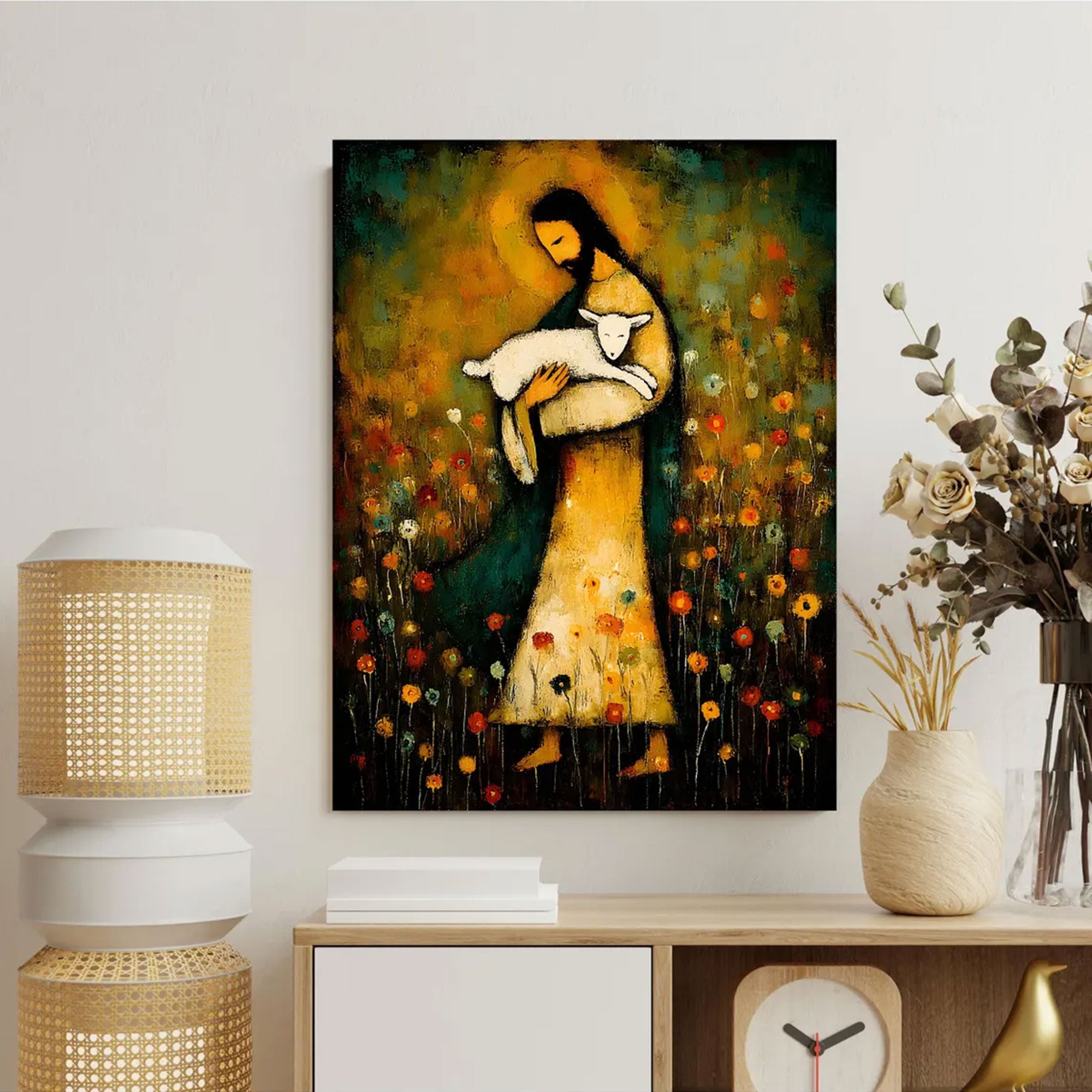 Jesus Holding Lamb Canvas Print, Good Shepherd Wall Art, Folk Art Christian Painting, Religious Home Decor, Inspirational Faith Gift