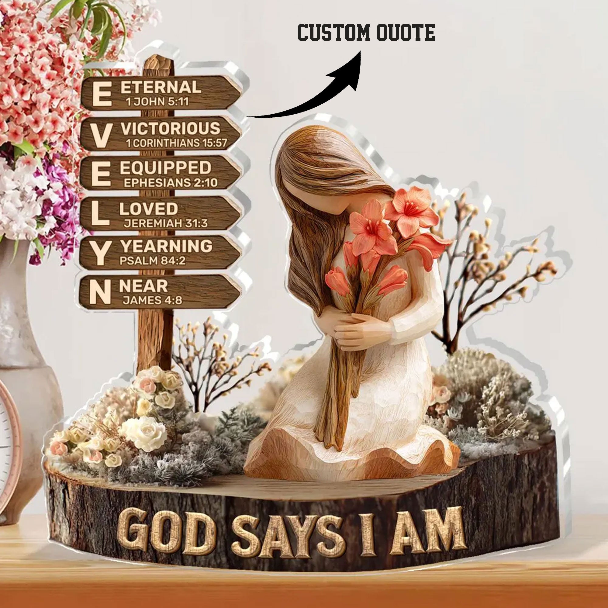 Personalized God Says I Am Acrylic Plaque for Evelyn, Christian Scripture Gift, 2D Flat Faith Table Decor