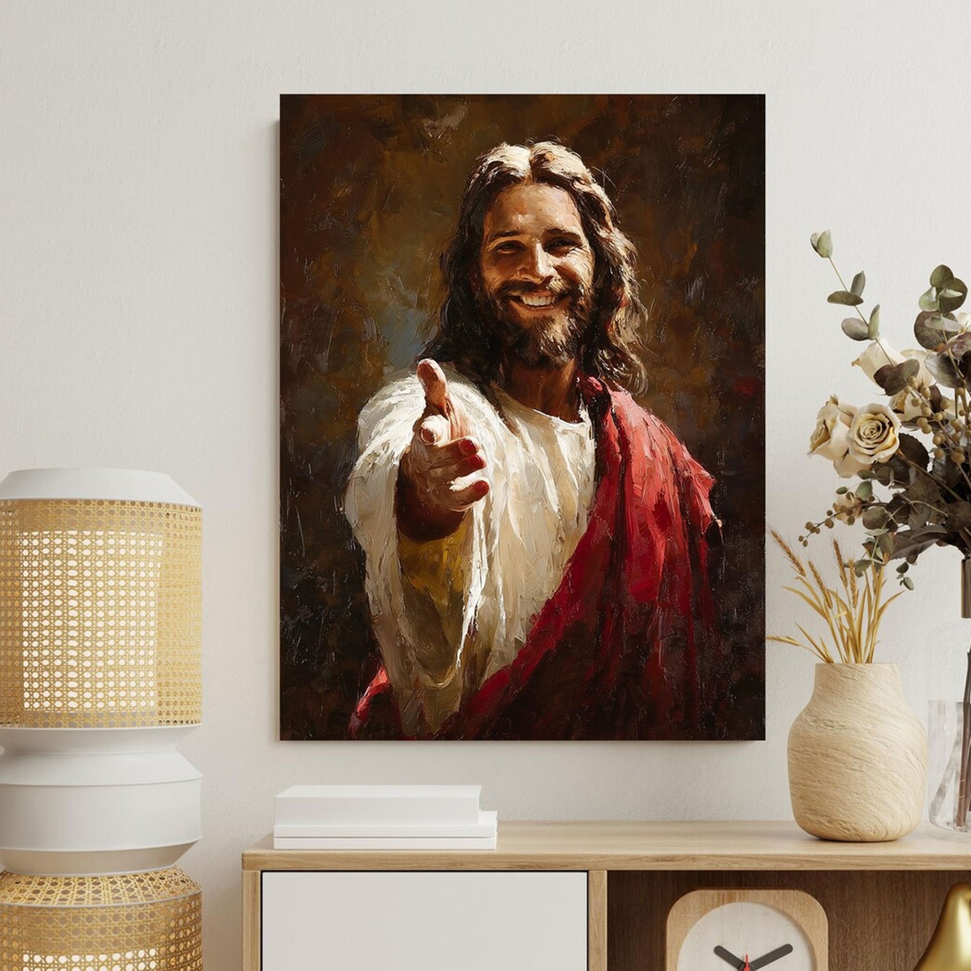 Smiling Jesus Welcoming Canvas Print, Inspirational Christian Faith Wall Art, Religious Home Decor Gift