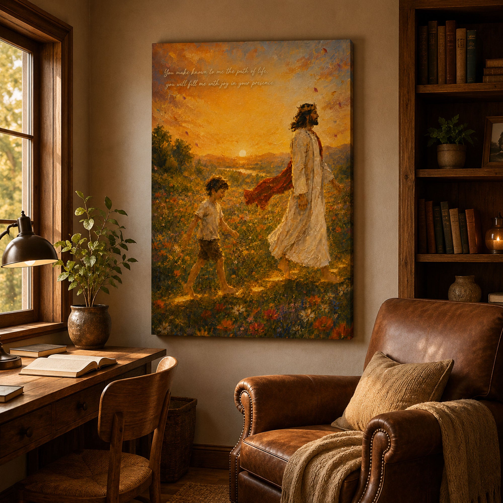 Impasto Jesus Walking With Child Canvas Print, Inspirational Christian Wall Art, Golden Sunset Faith Painting, Spiritual Home Decor