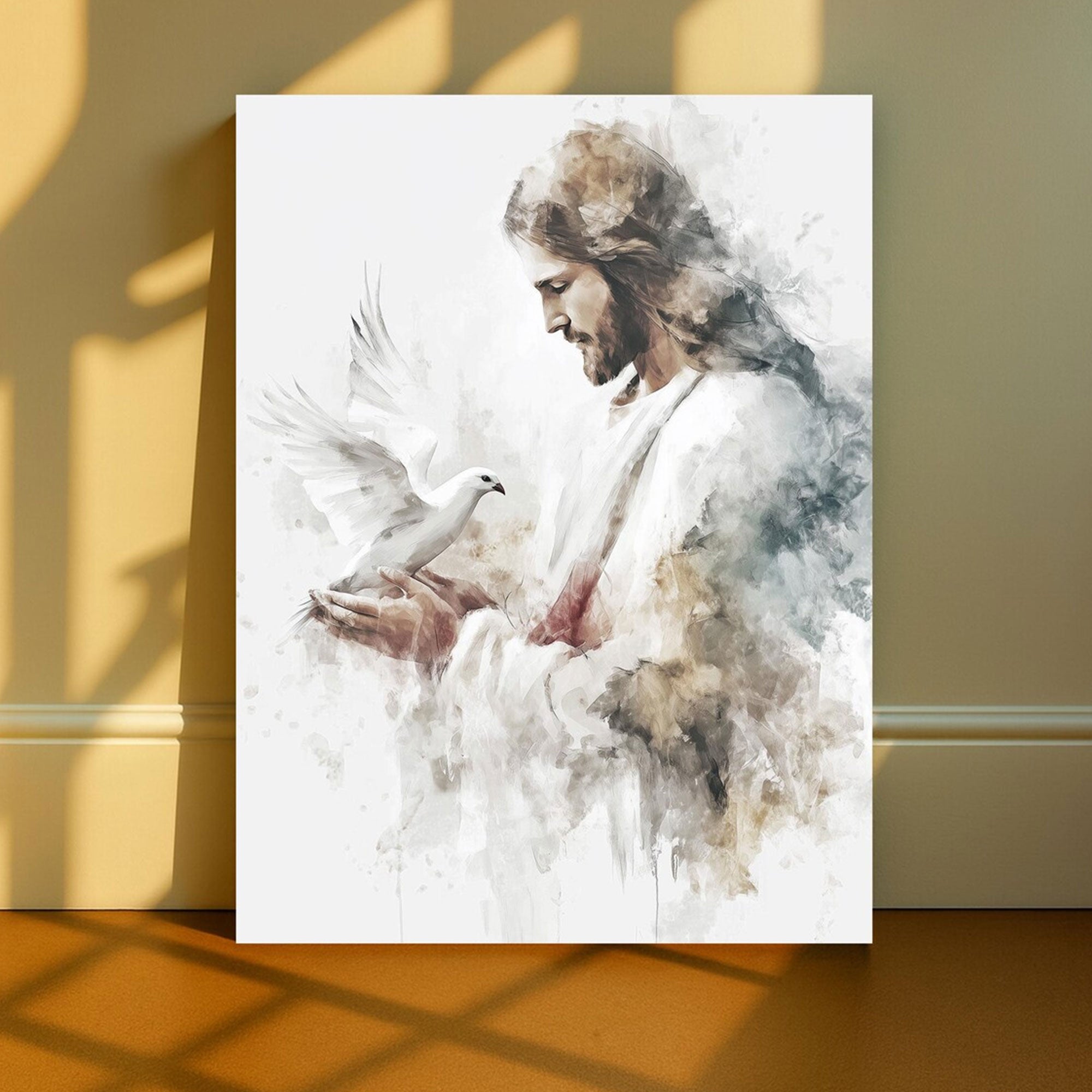 Jesus Dove Canvas Wall Art, Christ Peace Watercolor Painting, Christian Religious Home Decor