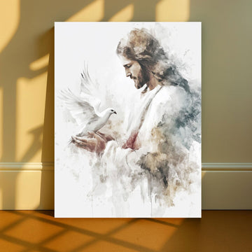 Jesus Dove Canvas Wall Art, Christ Peace Watercolor Painting, Christian Religious Home Decor