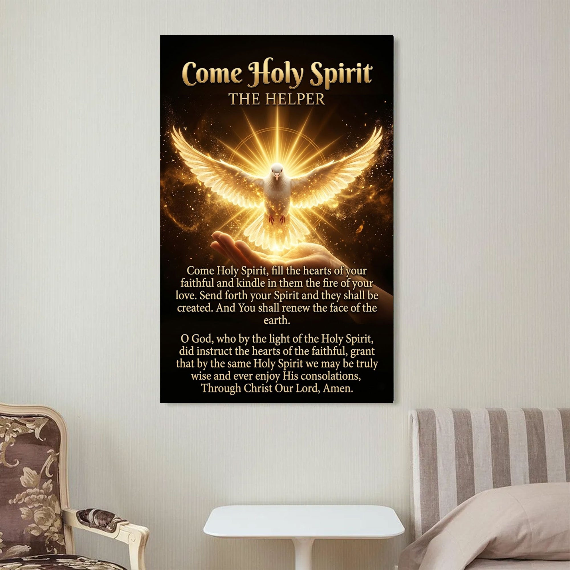 Come Holy Spirit Canvas Print, The Helper Prayer Wall Art, Catholic Holy Spirit Dove, Pentecost Fire Christian Decor, Inspirational Faith Gift