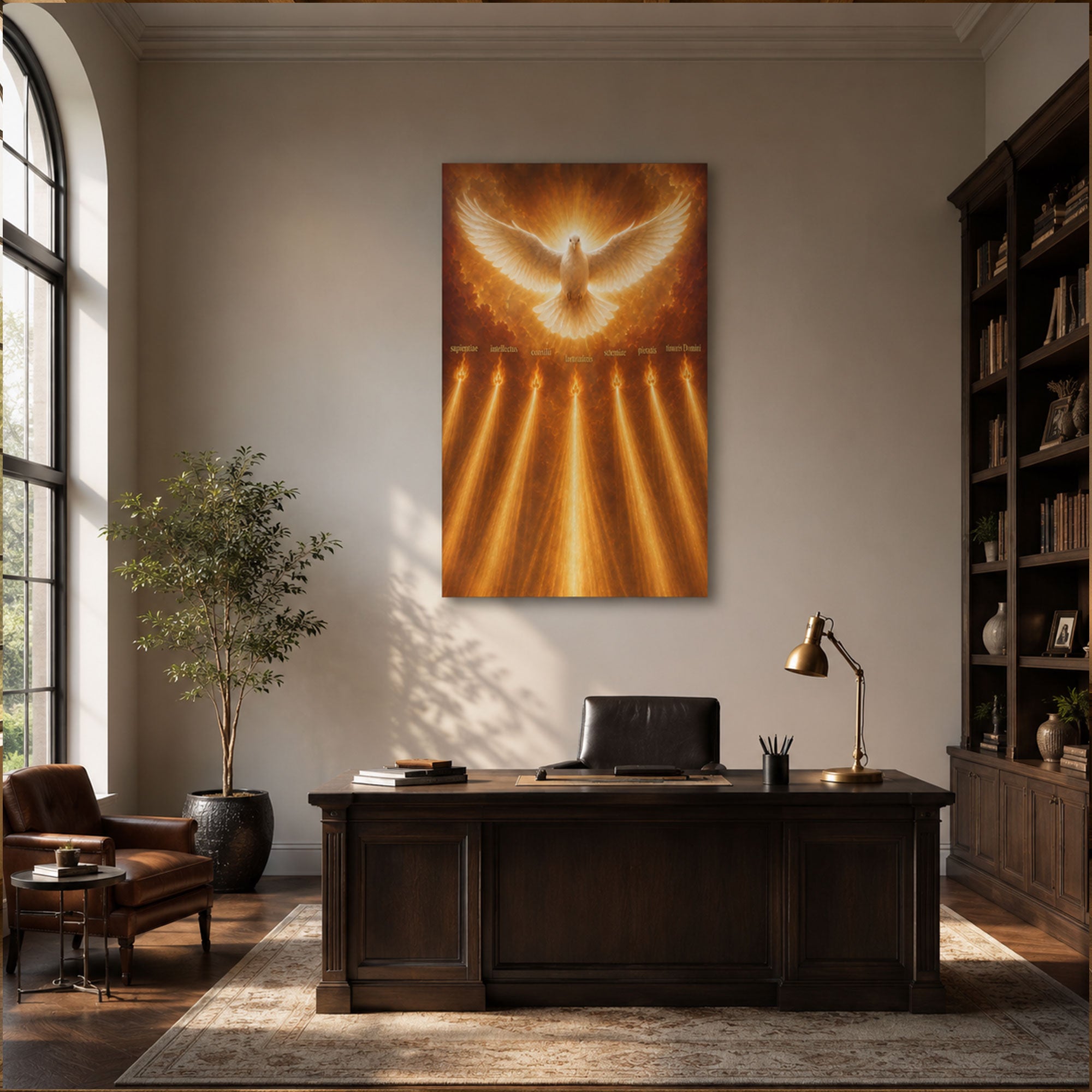 Holy Spirit Dove Canvas Print, Seven Gifts of the Spirit Christian Wall Art, Golden Light Religious Home Decor