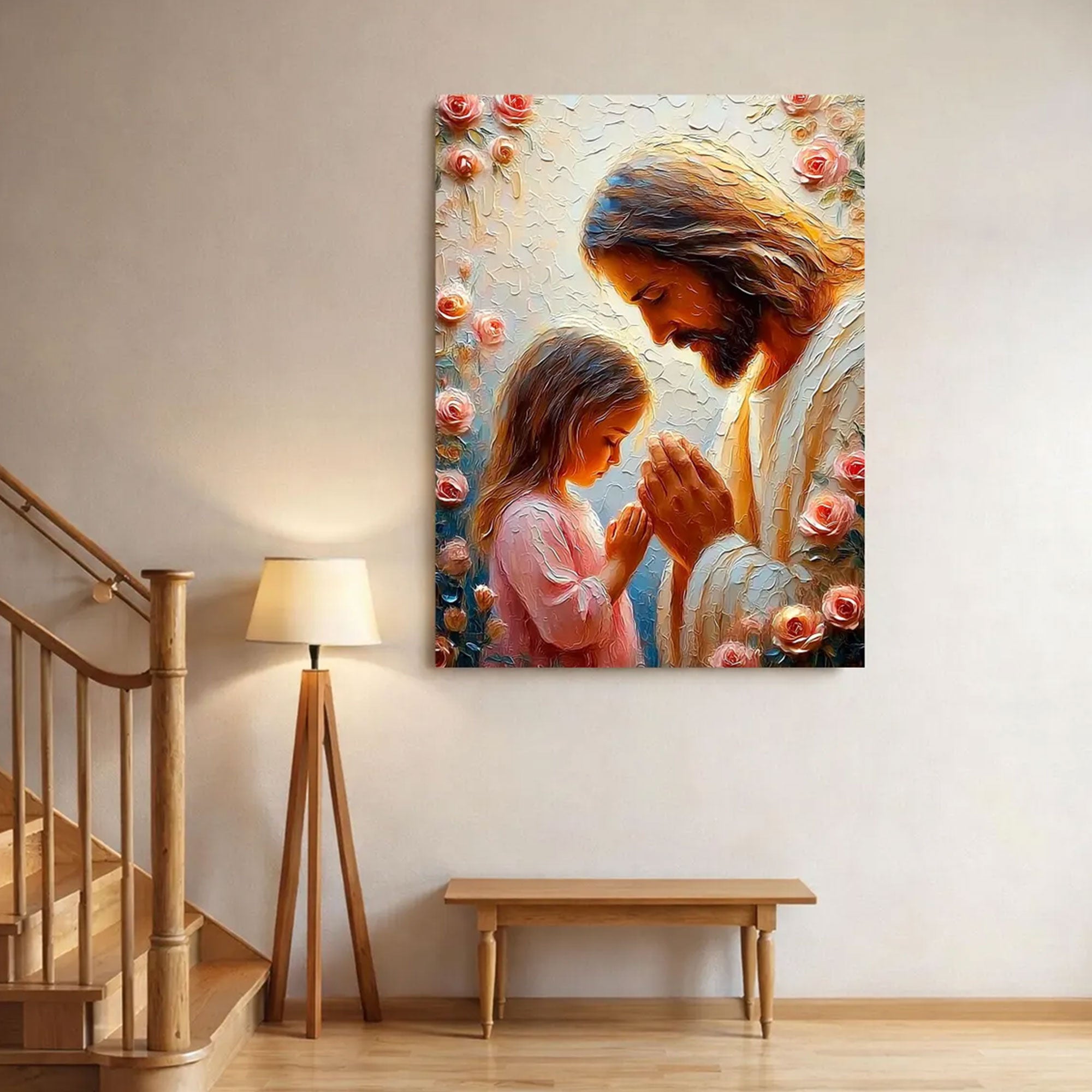 Jesus and Little Girl Praying Canvas Print Christian Daughter Wall Art Faith and Prayer Home Decor