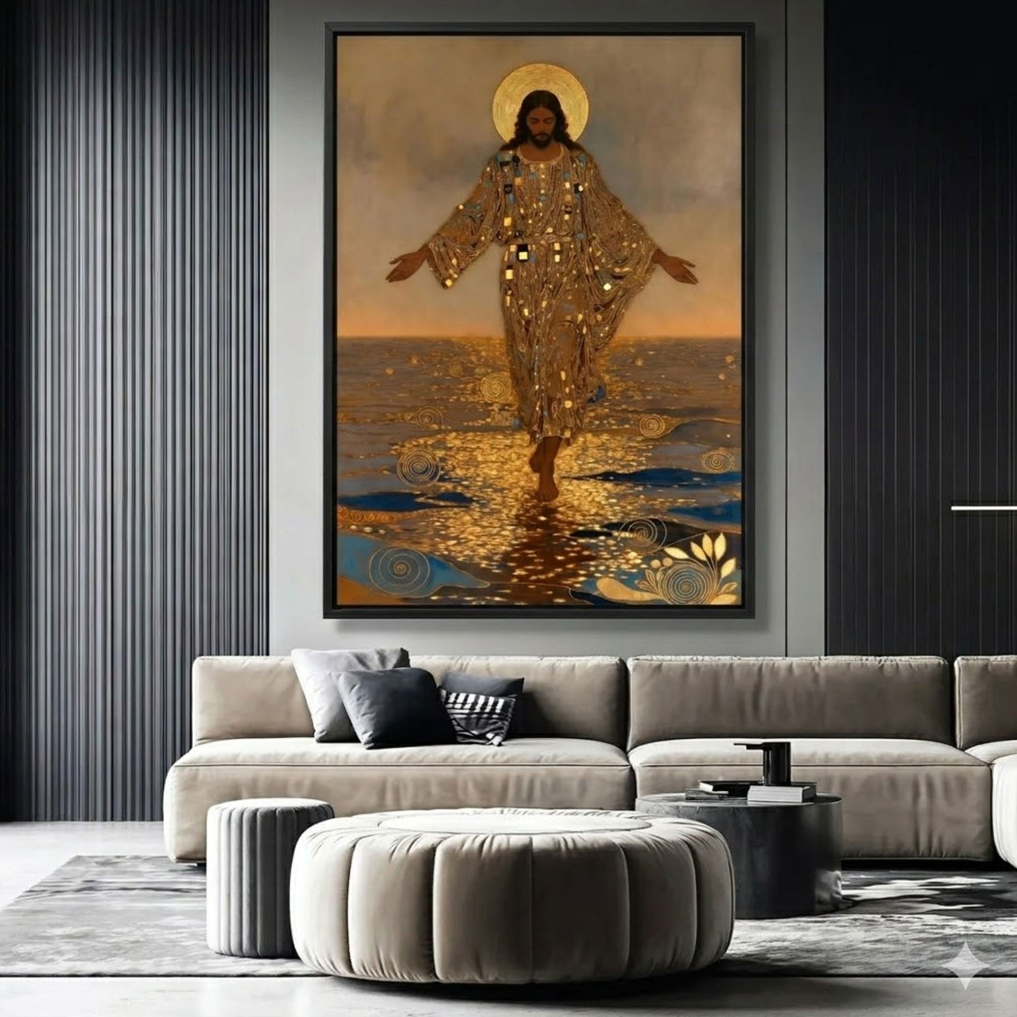 Gustav Klimt Style Jesus Walking on Water Canvas Print, Golden Halo Christian Wall Art, Religious Spiritual Decor