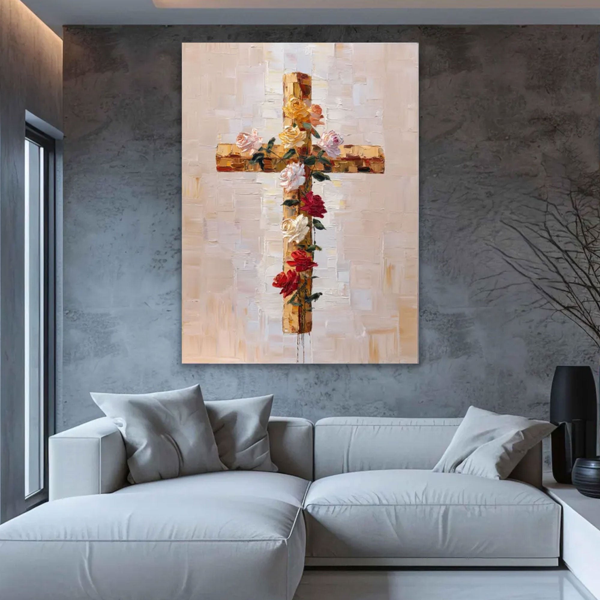 Floral Cross Canvas Print, Rose Christian Wall Art, Religious Faith Decor, Inspirational Spiritual Artwork