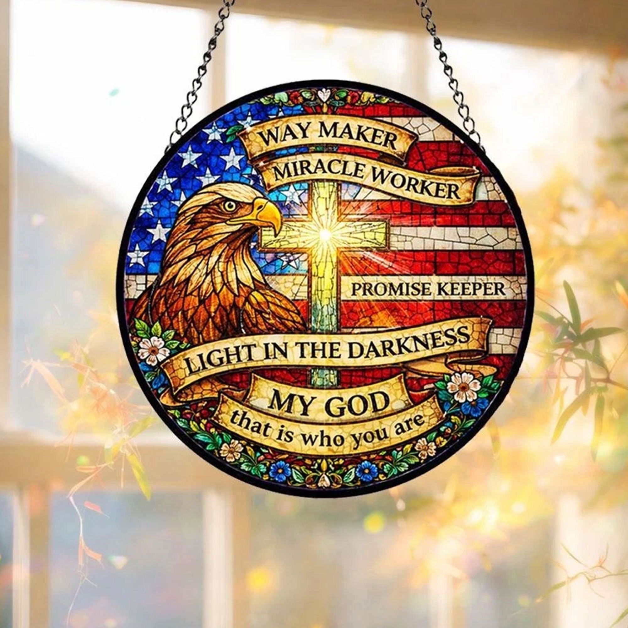 Eagle Cross Stained Glass Suncatcher, Christian Patriotic Window Hanging, Way Maker Scripture Faith Gift, American Flag Decor