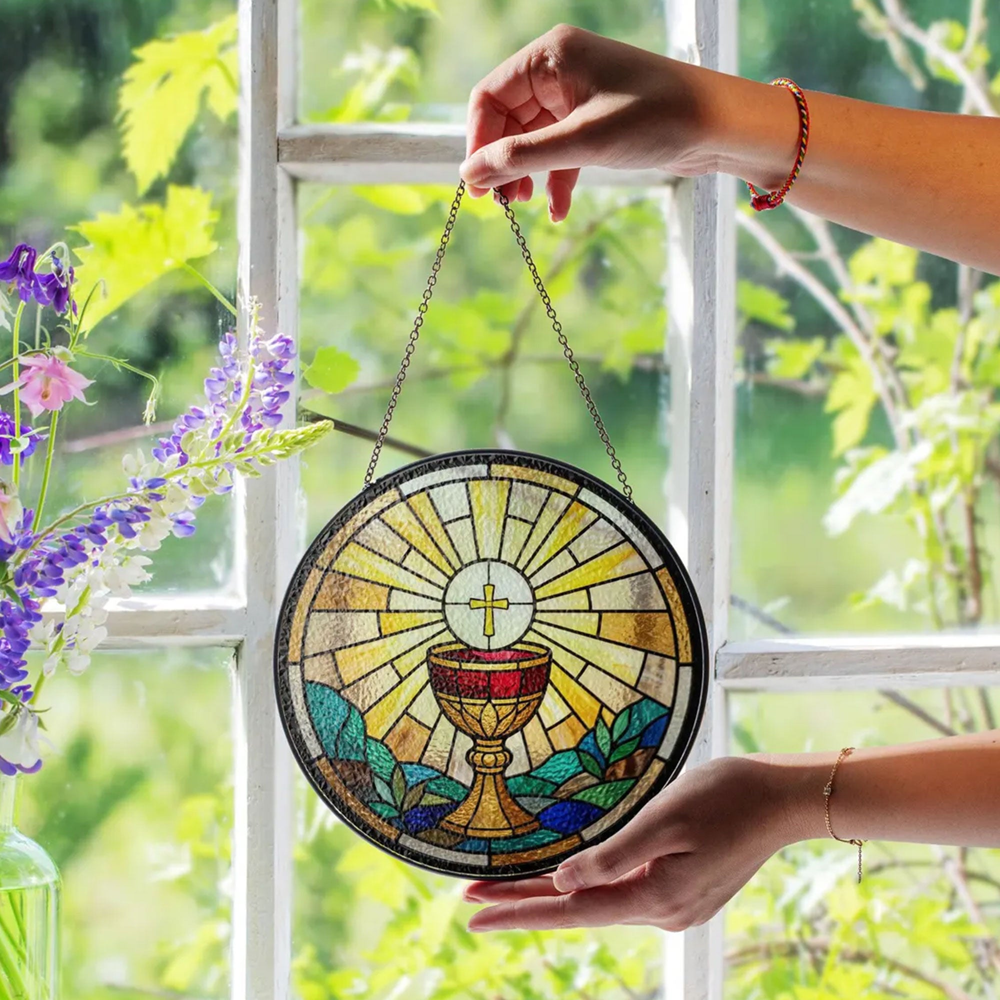 Holy Eucharist Chalice Stained Glass Suncatcher, Catholic Window Hanging Decor, First Communion Religious Gift