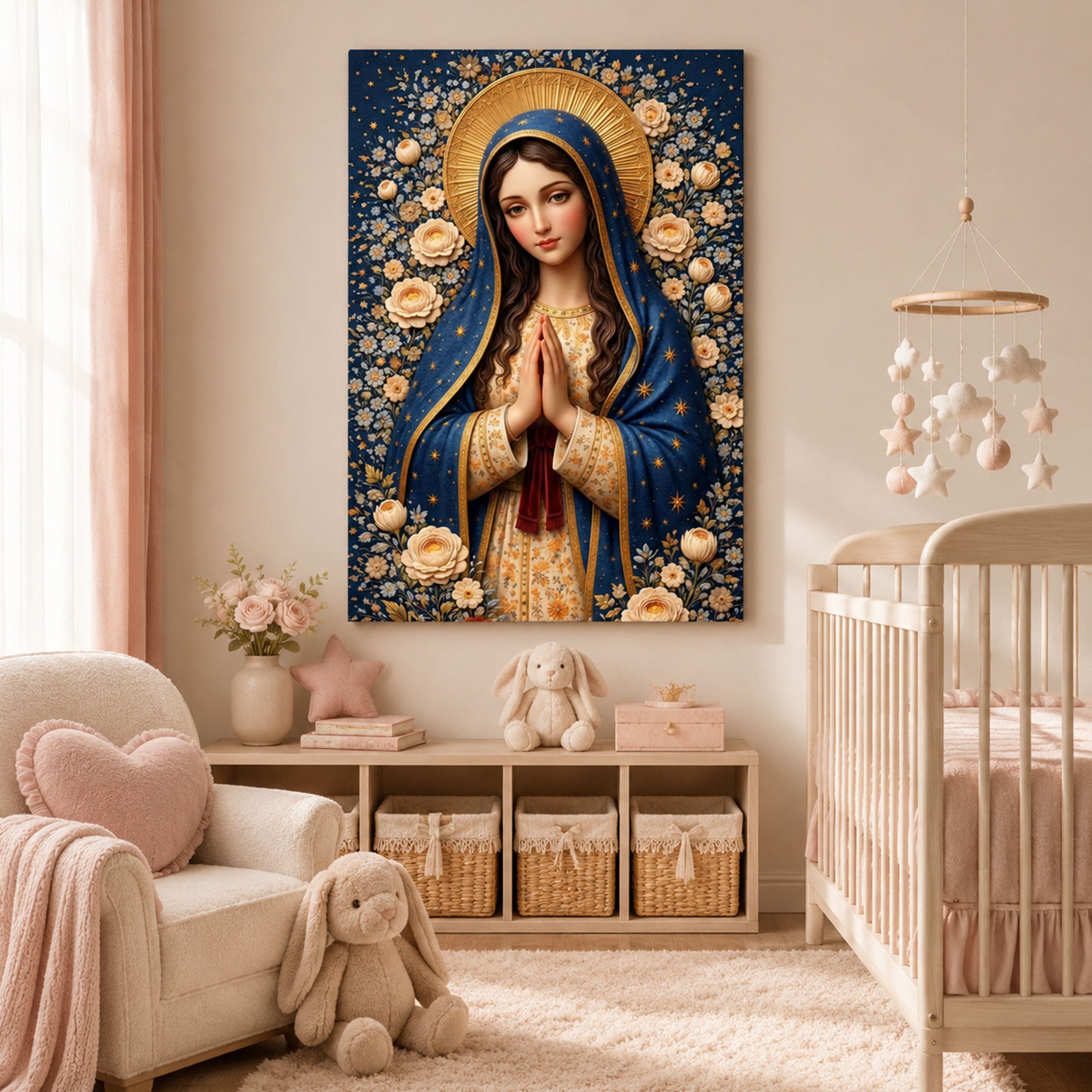 Blessed Virgin Mary Canvas Print, Floral Christian Wall Art, Peaceful Catholic Faith Decor, Heavenly Home Artwork