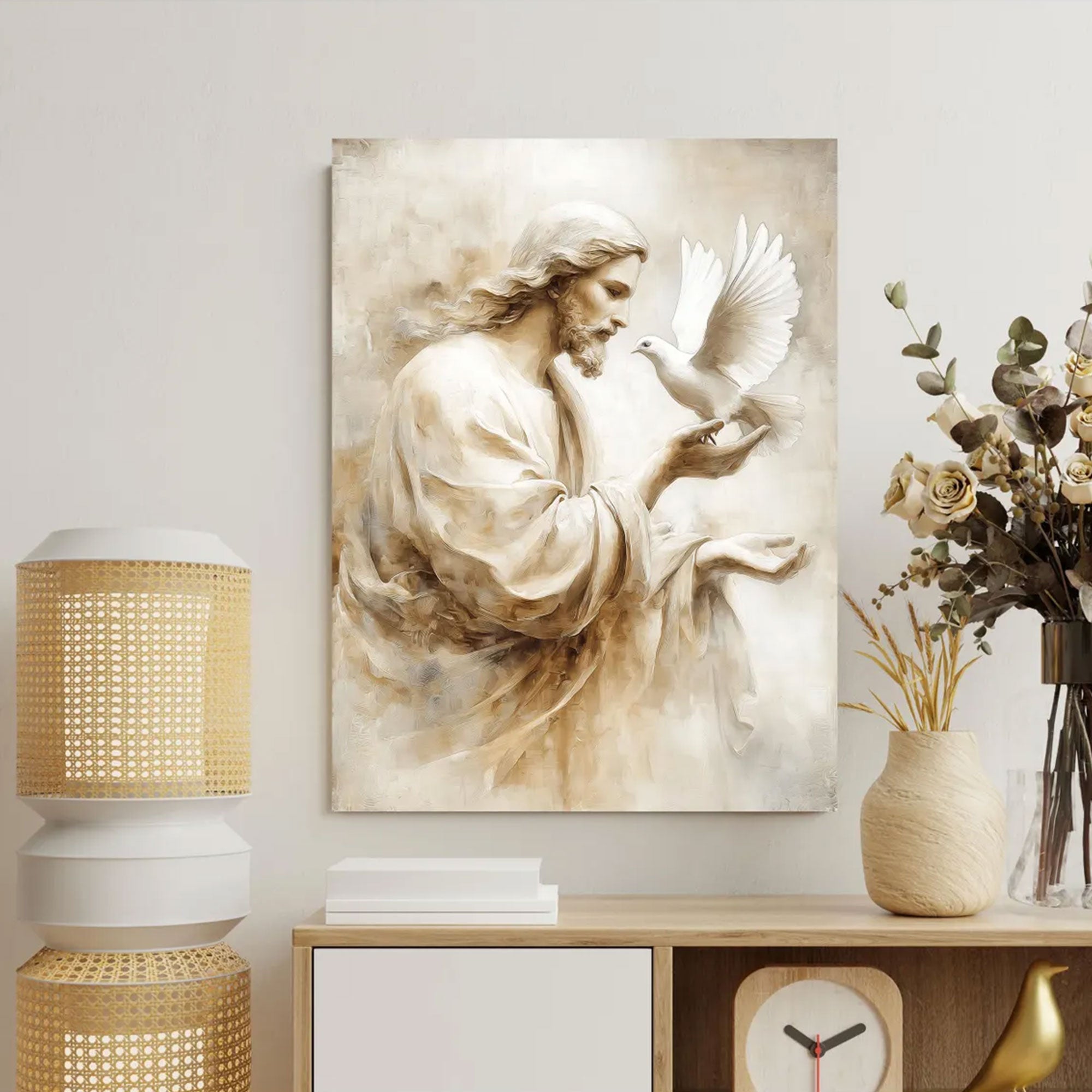 Jesus with Dove Canvas Wall Art, Holy Spirit Neutral Texture Painting, Christian Faith Home Decor