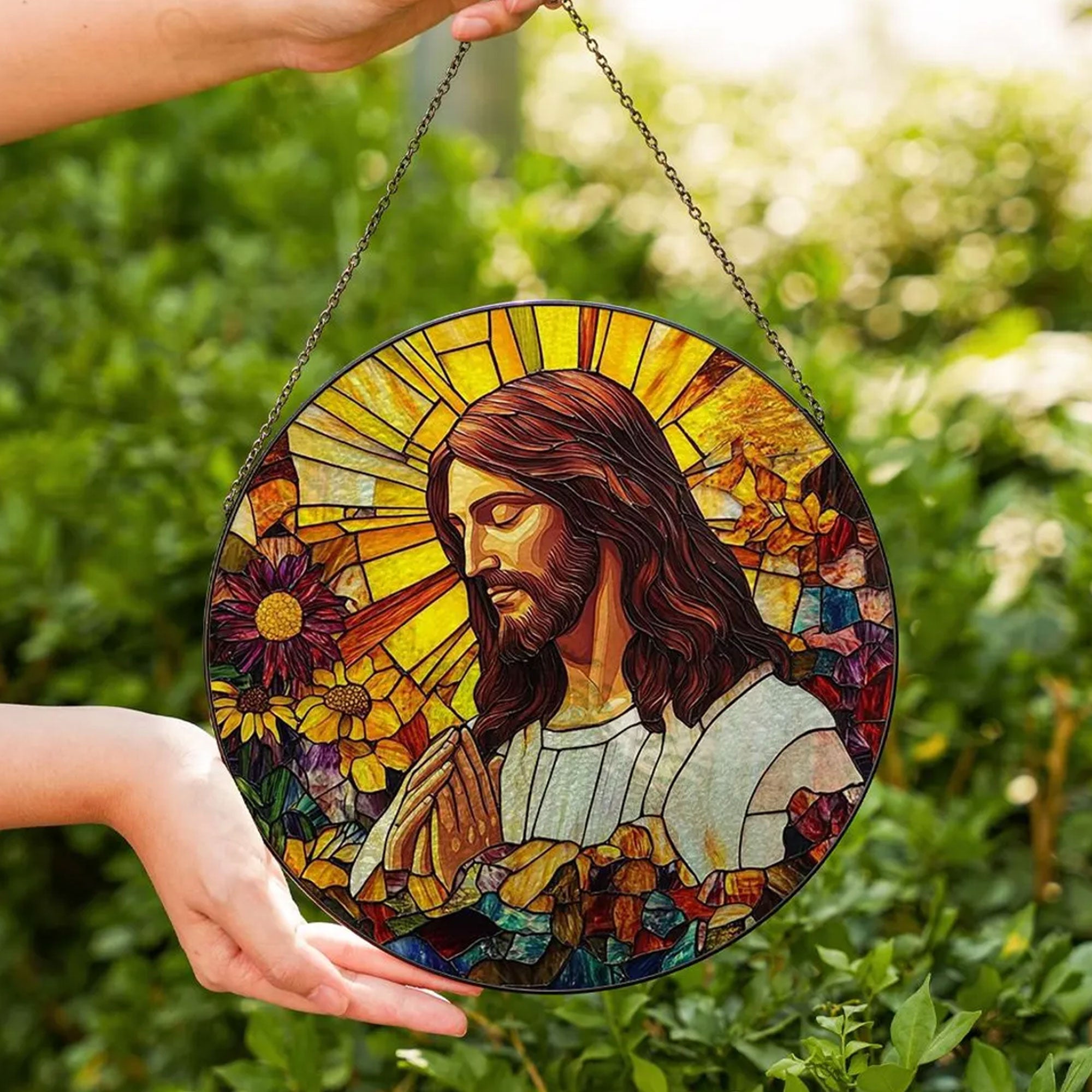 Jesus Stained Glass Suncatcher, Christian Window Hanging Decor, Floral Faith Gift, Religious Home Ornament