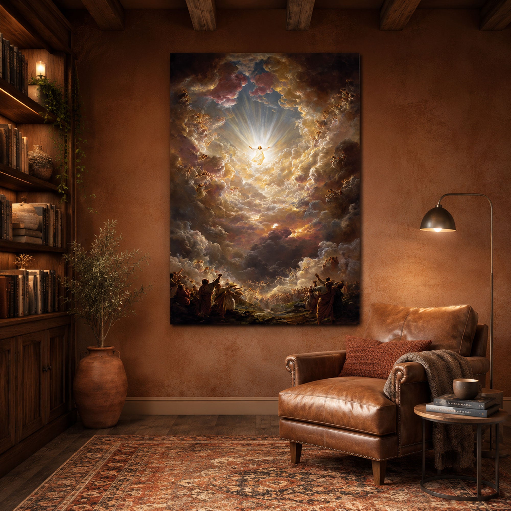Heavenly Jesus Ascension Canvas Print, Christian Wall Decor, Spiritual Religious Artwork with Angels and Glorious Light