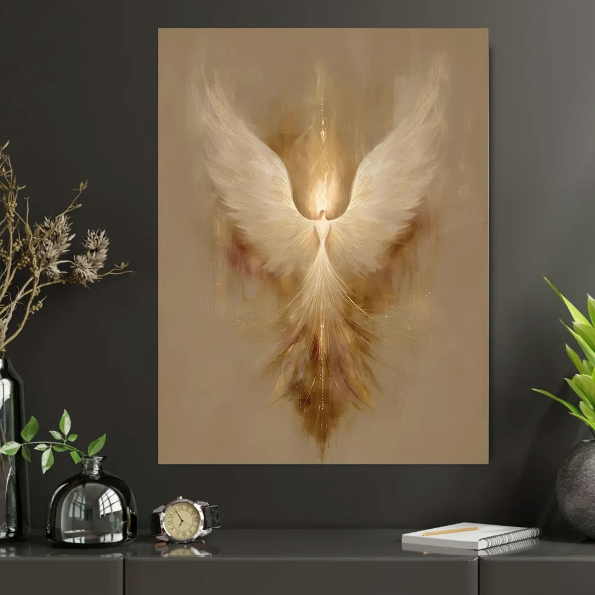 Radiant Ascension Canvas Print, Golden Angel Wings Wall Art, Abstract Christian Faith Decor, Heavenly Spiritual Artwork