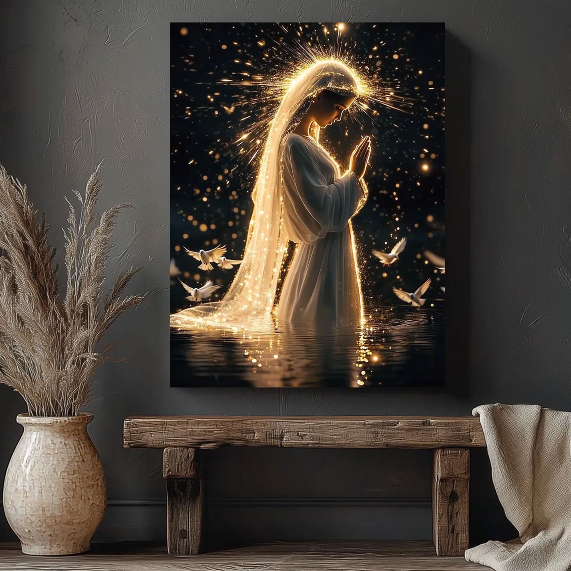 Holy Virgin Mary Canvas Art, Sacred Light Catholic Wall Decor, Blessed Mother Religious Artwork, Inspirational Faith Gift, Prayer Room Home Decor