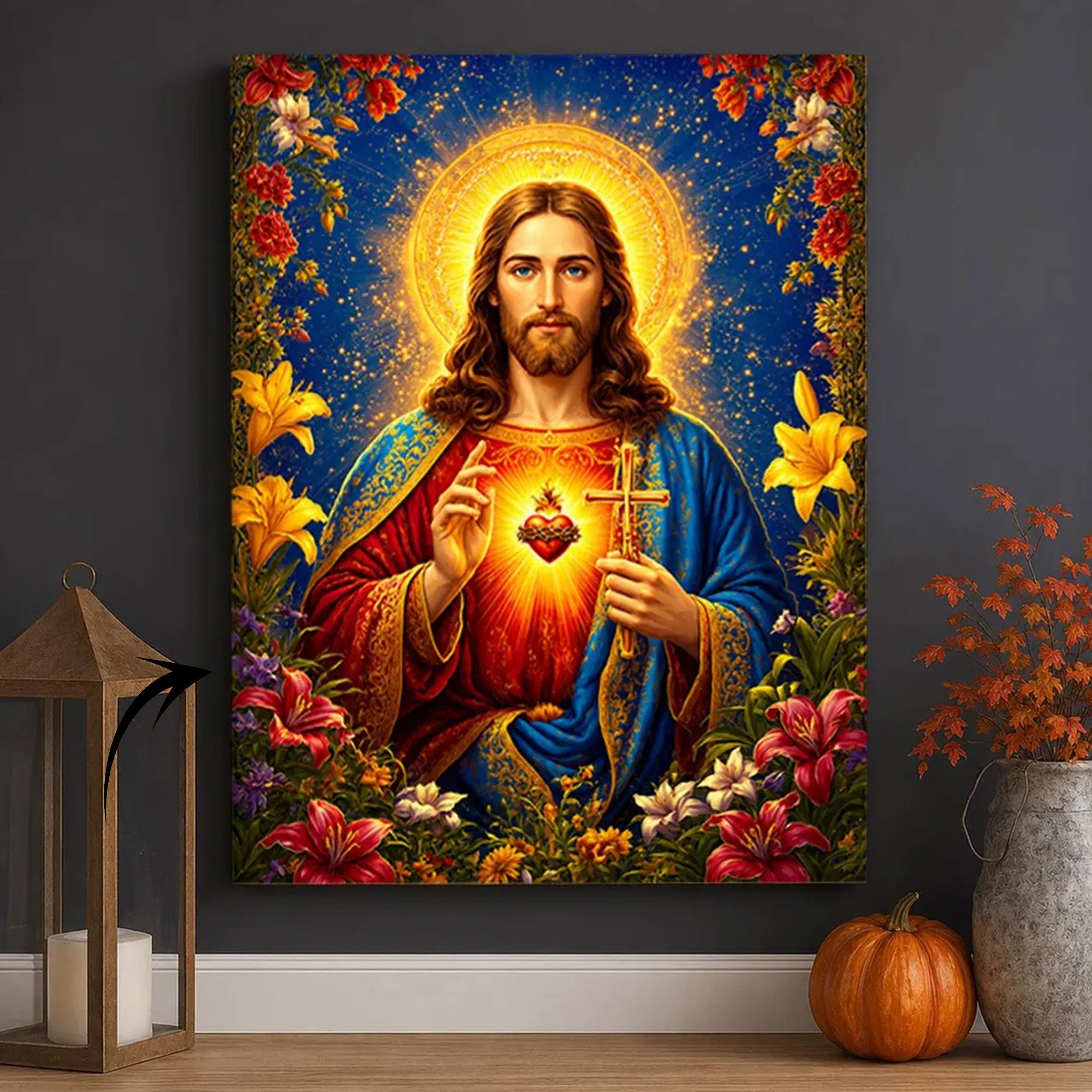 Sacred Heart Jesus Canvas Print Christian Floral Religious Wall Art Faith Inspired Home Decor