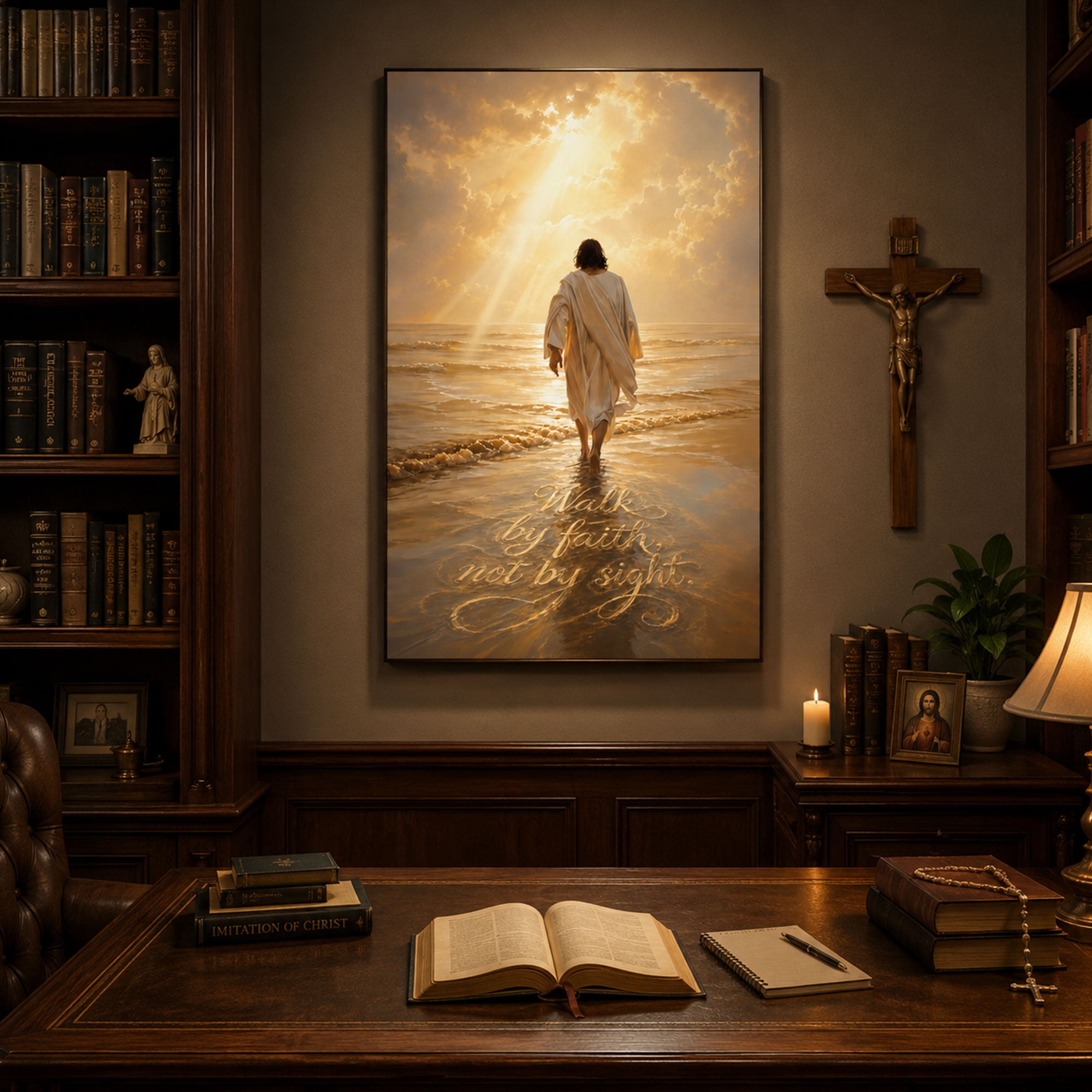 Walk by Faith, Not by Sight Canvas Wall Art, Jesus Walking on Water Christian Decor, Inspirational Scripture Faith Artwork