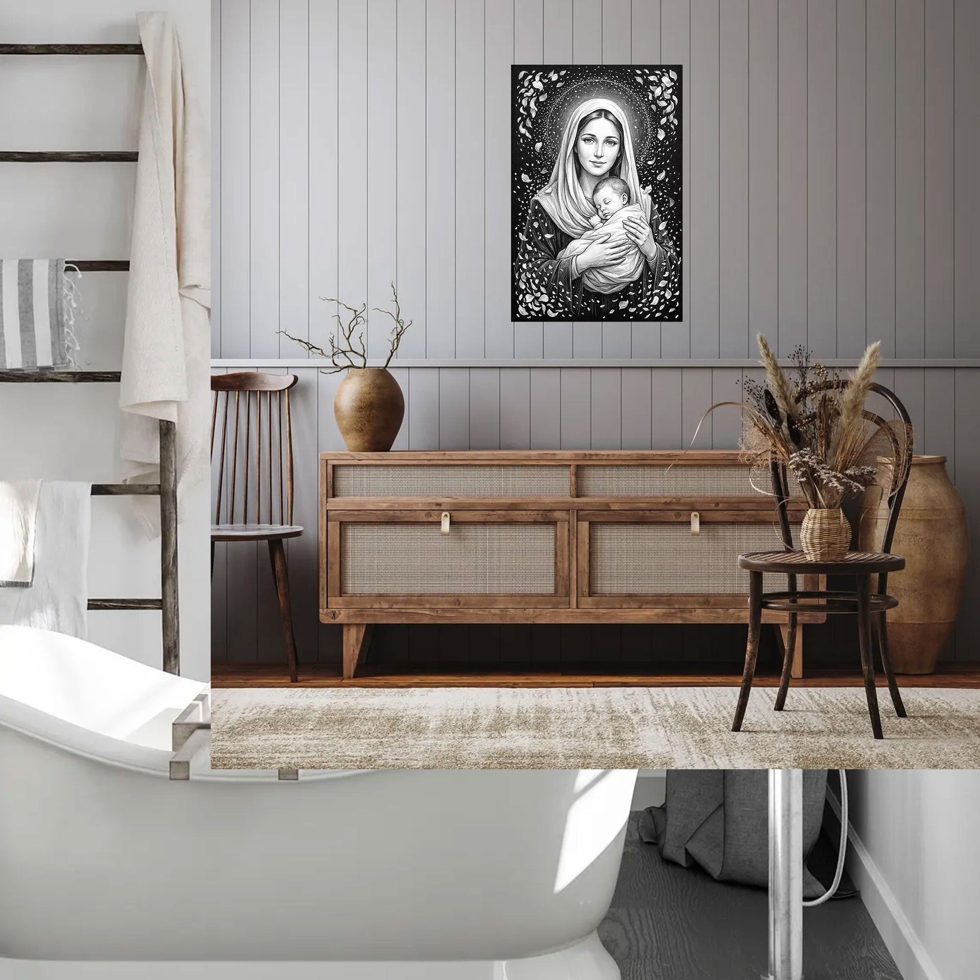Black and White Virgin Mary with Child Canvas Print, Madonna and Baby Jesus Wall Art, Catholic Religious Decor