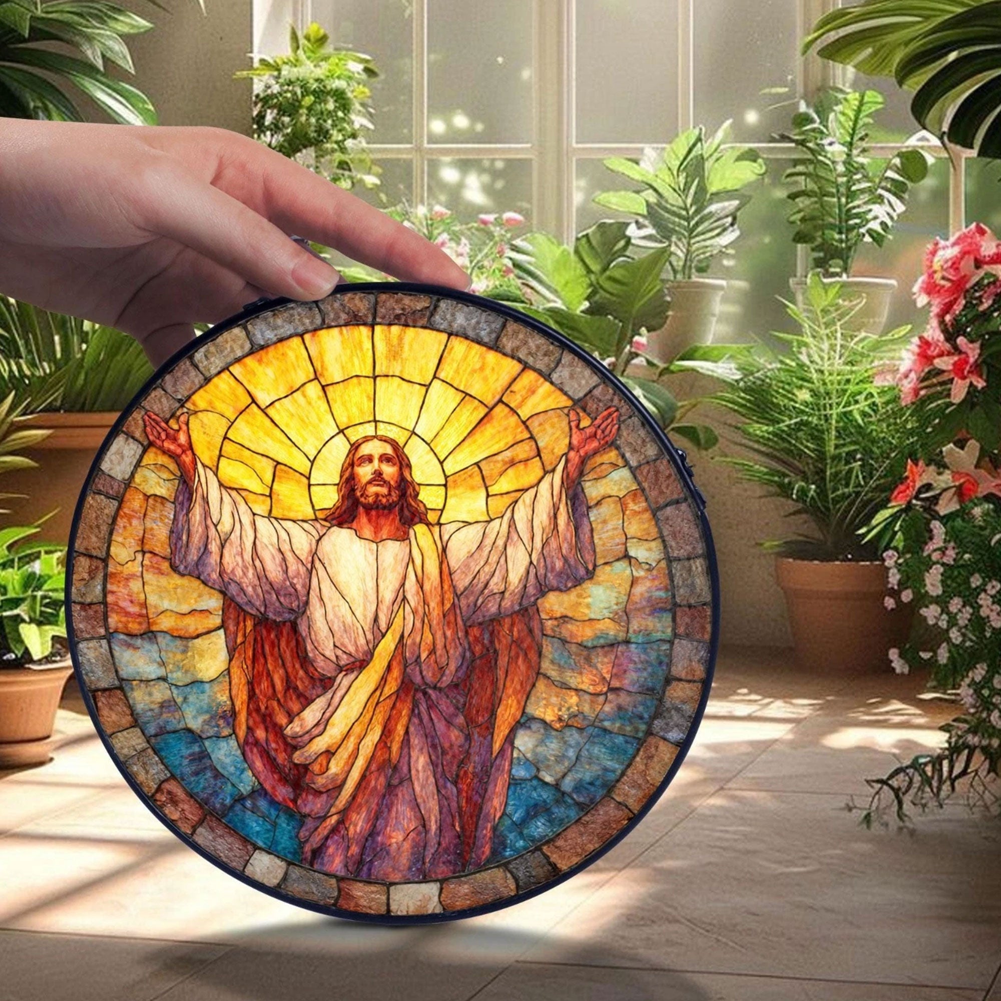 Jesus Stained Glass Suncatcher, Christian Window Hanging Decor, Radiant Faith Blessing Art, Religious Home Gift