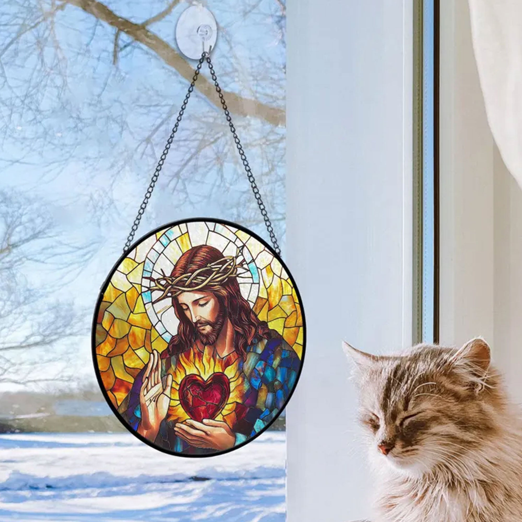 Sacred Heart of Jesus Faux Stained Glass Suncatcher, Christian Window Hanging Decor, Catholic Faith Gift