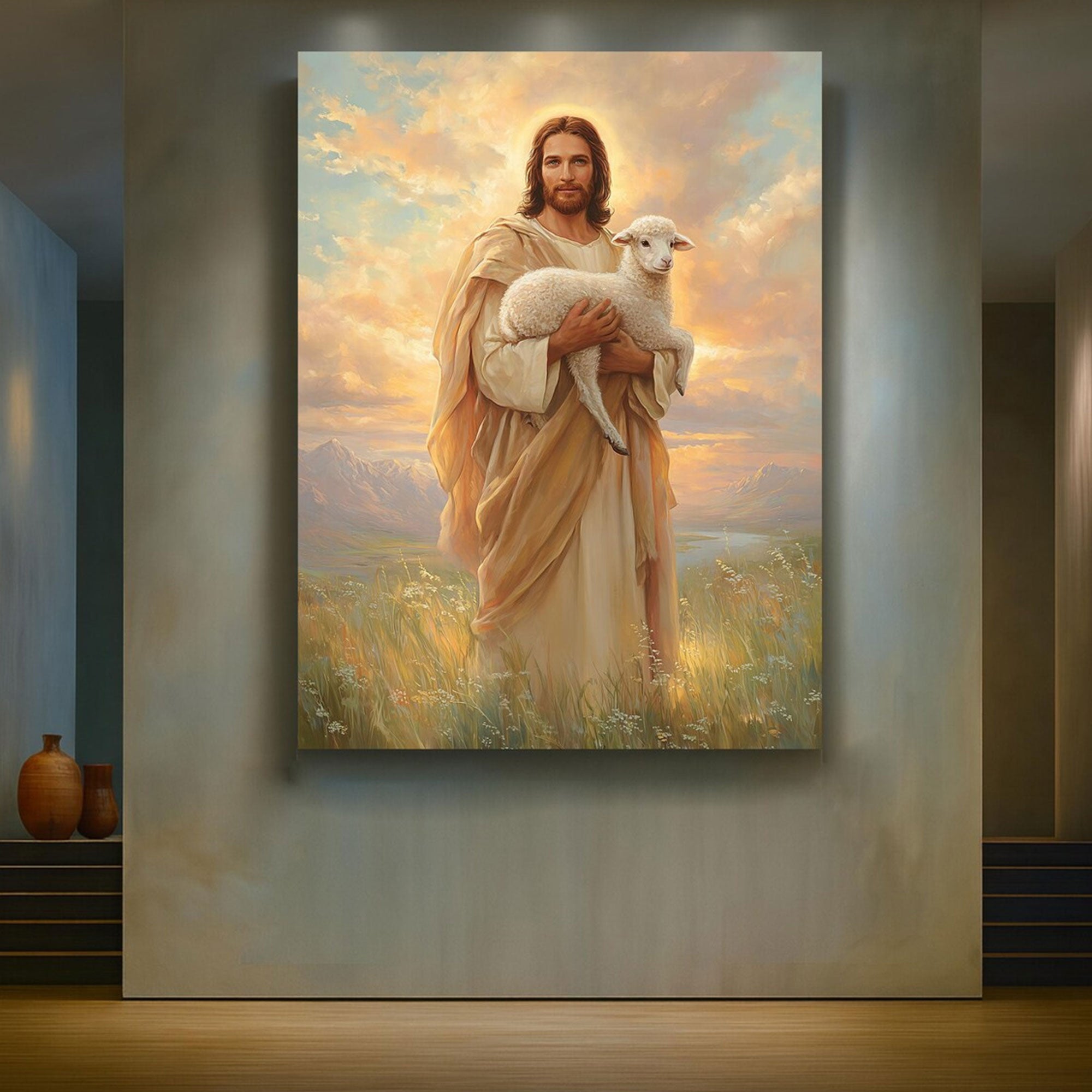 Good Shepherd Jesus Canvas Wall Art, Christ Carrying Lamb at Sunset, Christian Faith Decor, Inspirational Religious Artwork