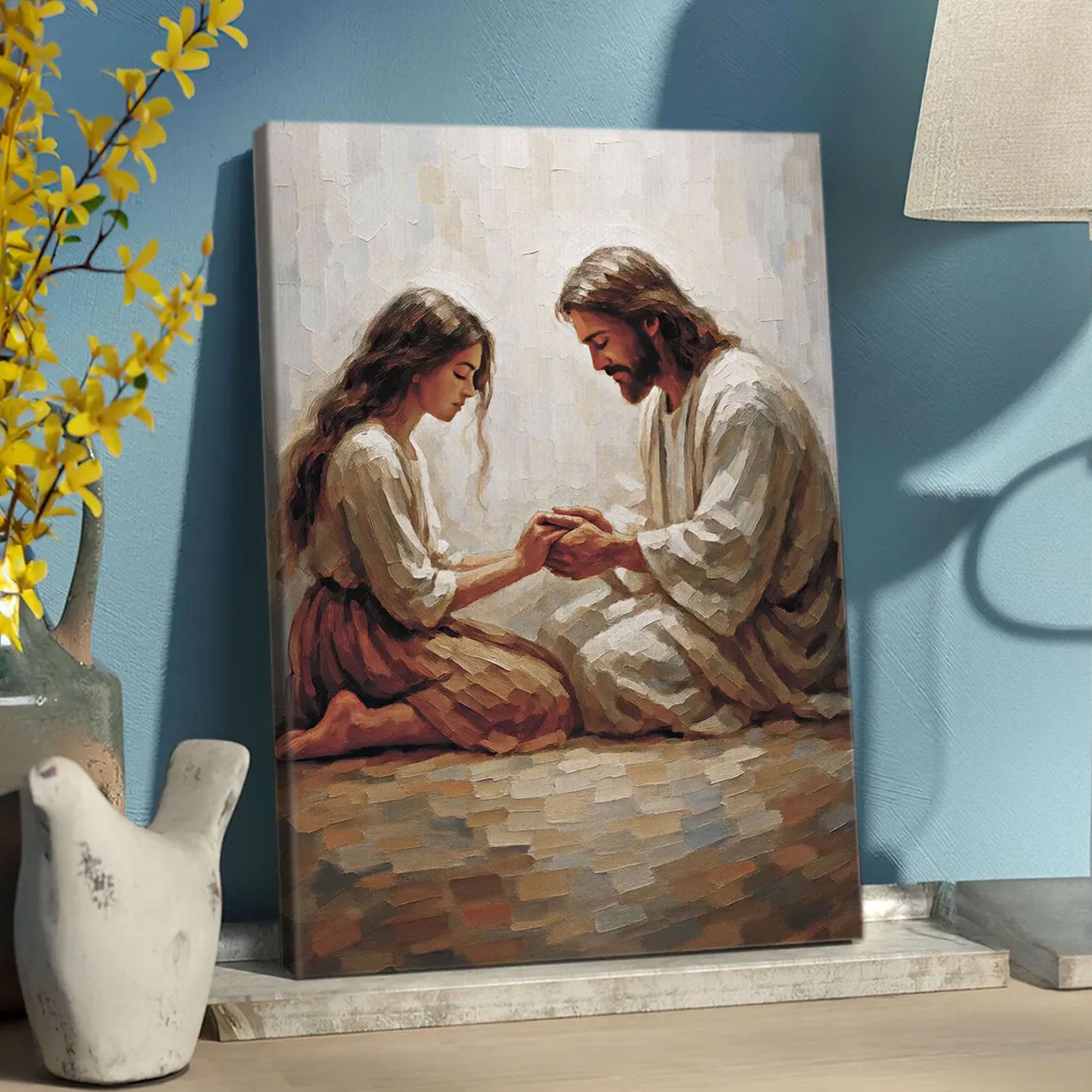 Jesus and Woman Prayer Canvas, Christian Wall Art, Inspirational Faith Based Religious Decor