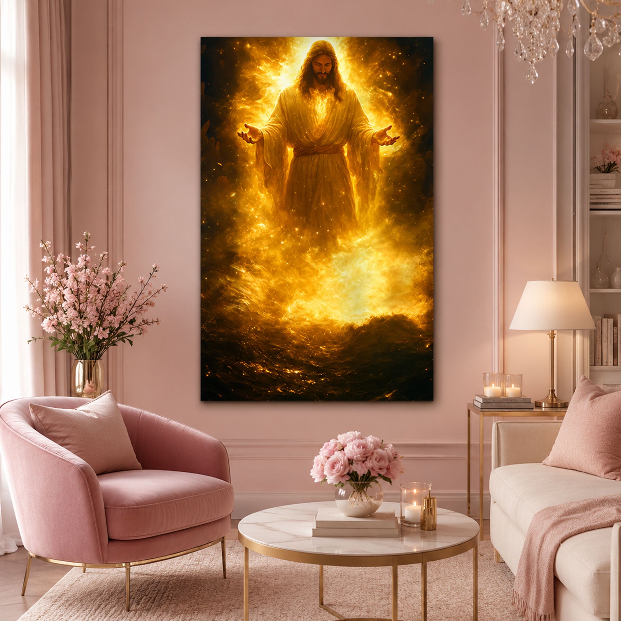 Jesus Glowing In Divine Fire Canvas Art Radiant Light Savior Poster Christian Power Wall Print For Church Prayer Room Or Faith Home Decor