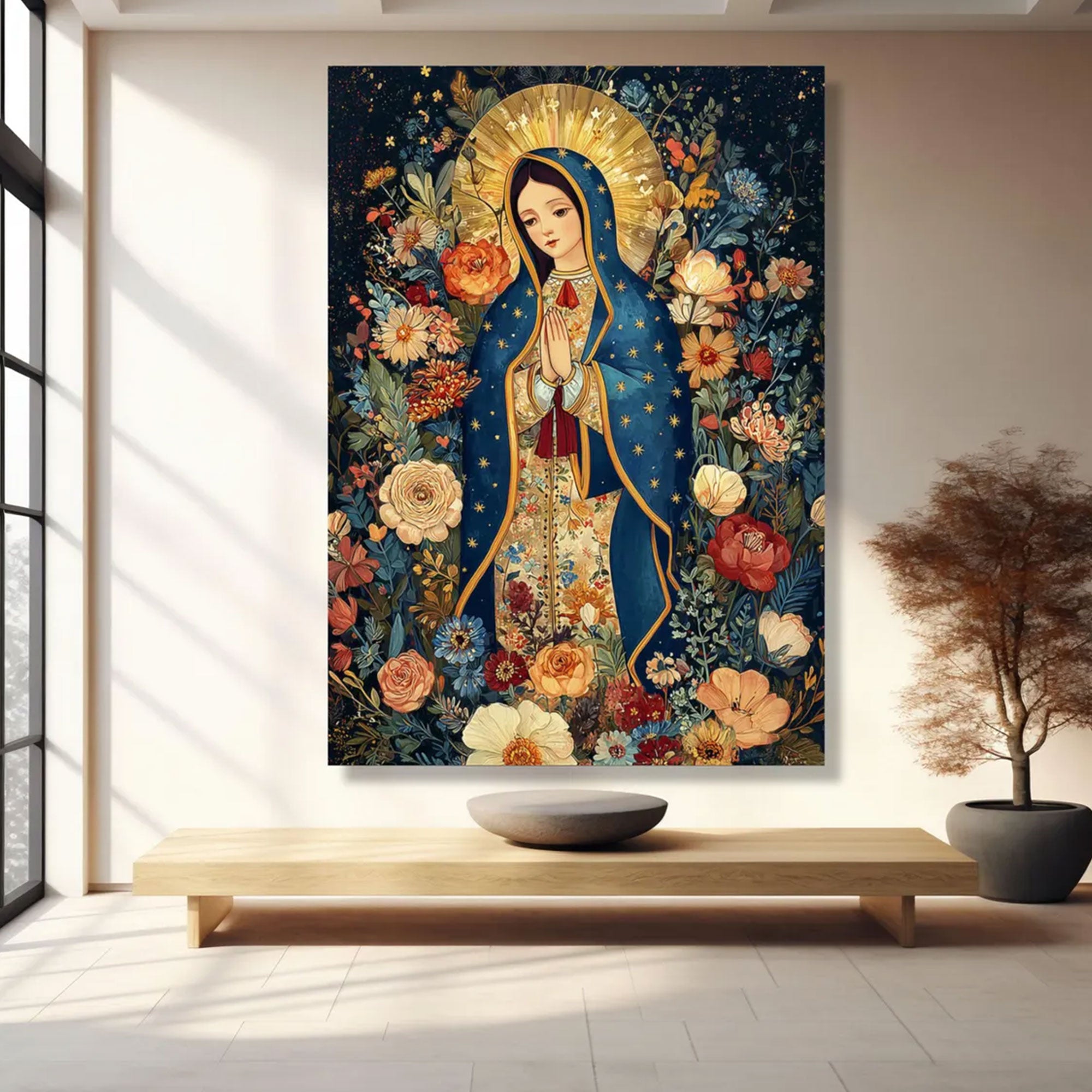 Our Lady of Guadalupe Canvas Print, Floral Virgin Mary Wall Art, Catholic Religious Decor, Devotional Christian Artwork, Prayerful Faith Gift for Home