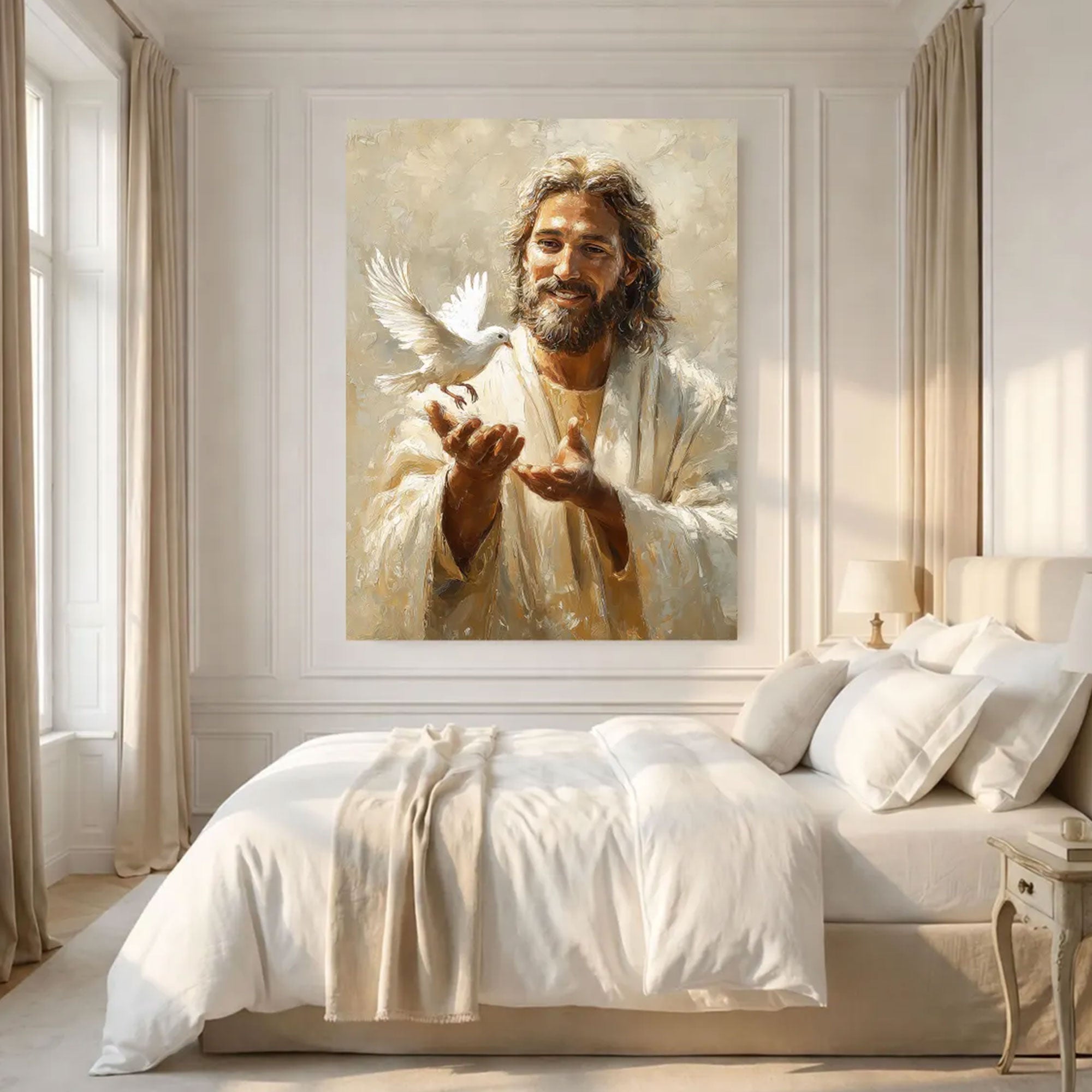 Jesus with Dove Canvas Print, Holy Spirit Christian Wall Art, Peaceful Faith Home Decor