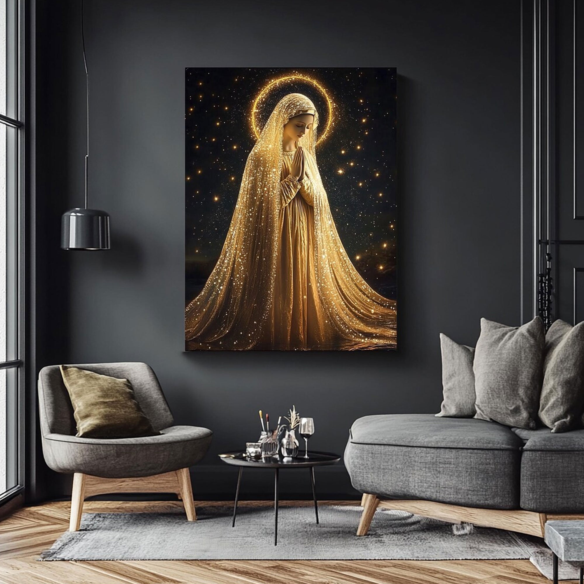Golden Virgin Mary Canvas Print, Radiant Madonna Wall Art, Catholic Religious Decor, Blessed Mother Faith Artwork