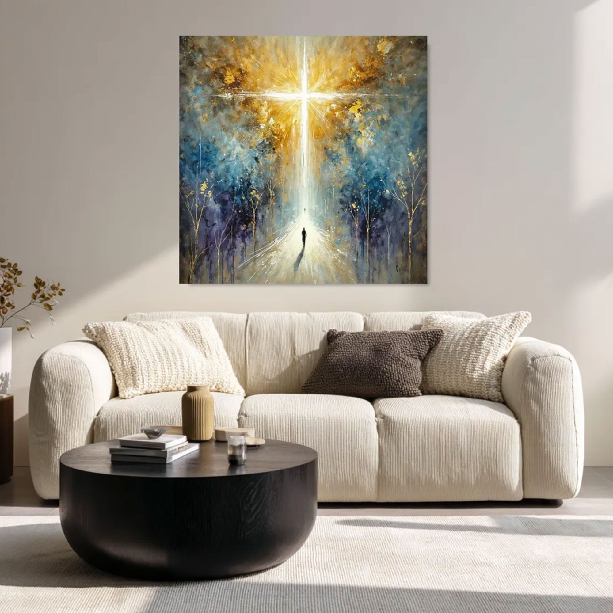 Radiant Cross Light Canvas Print, Spiritual Abstract Wall Art, Christian Inspirational Decor, Faith Journey Artwork