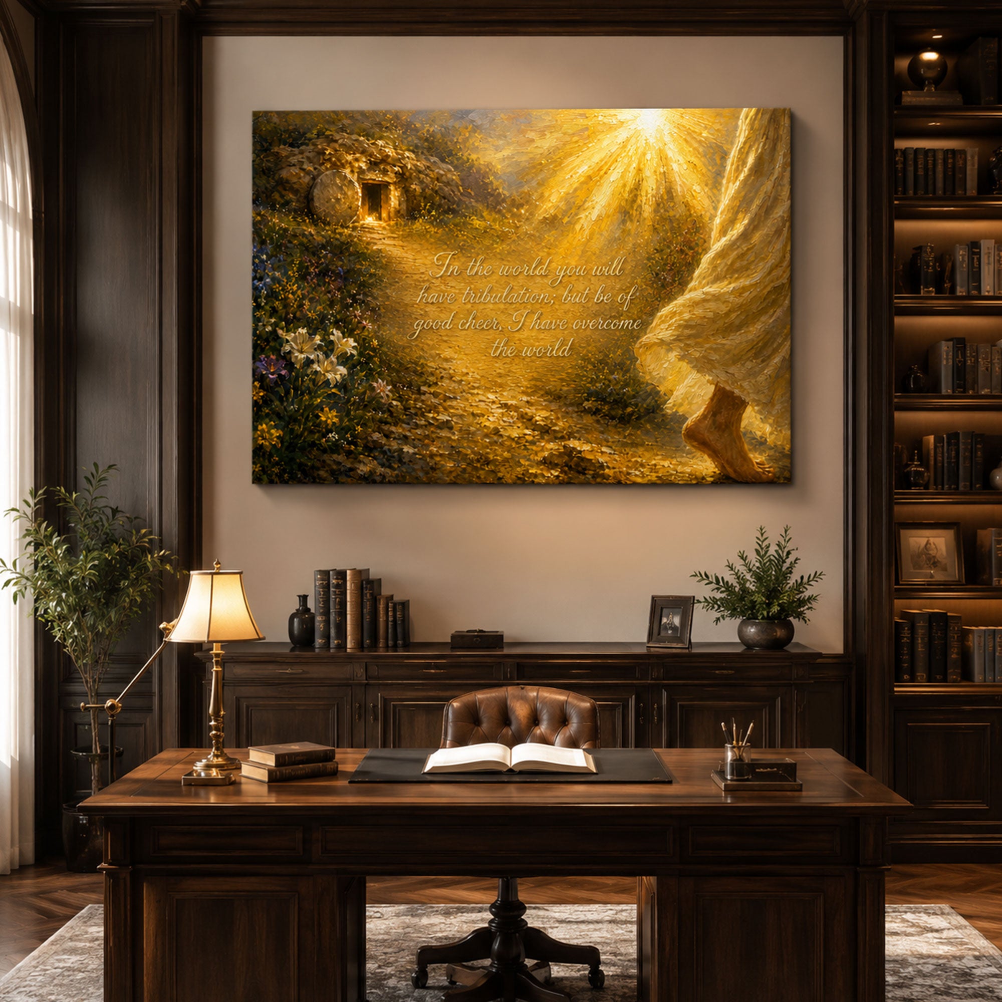 Impasto Jesus Resurrection Canvas Print, Inspirational Christian Scripture Wall Art, Golden Light Faith Decor