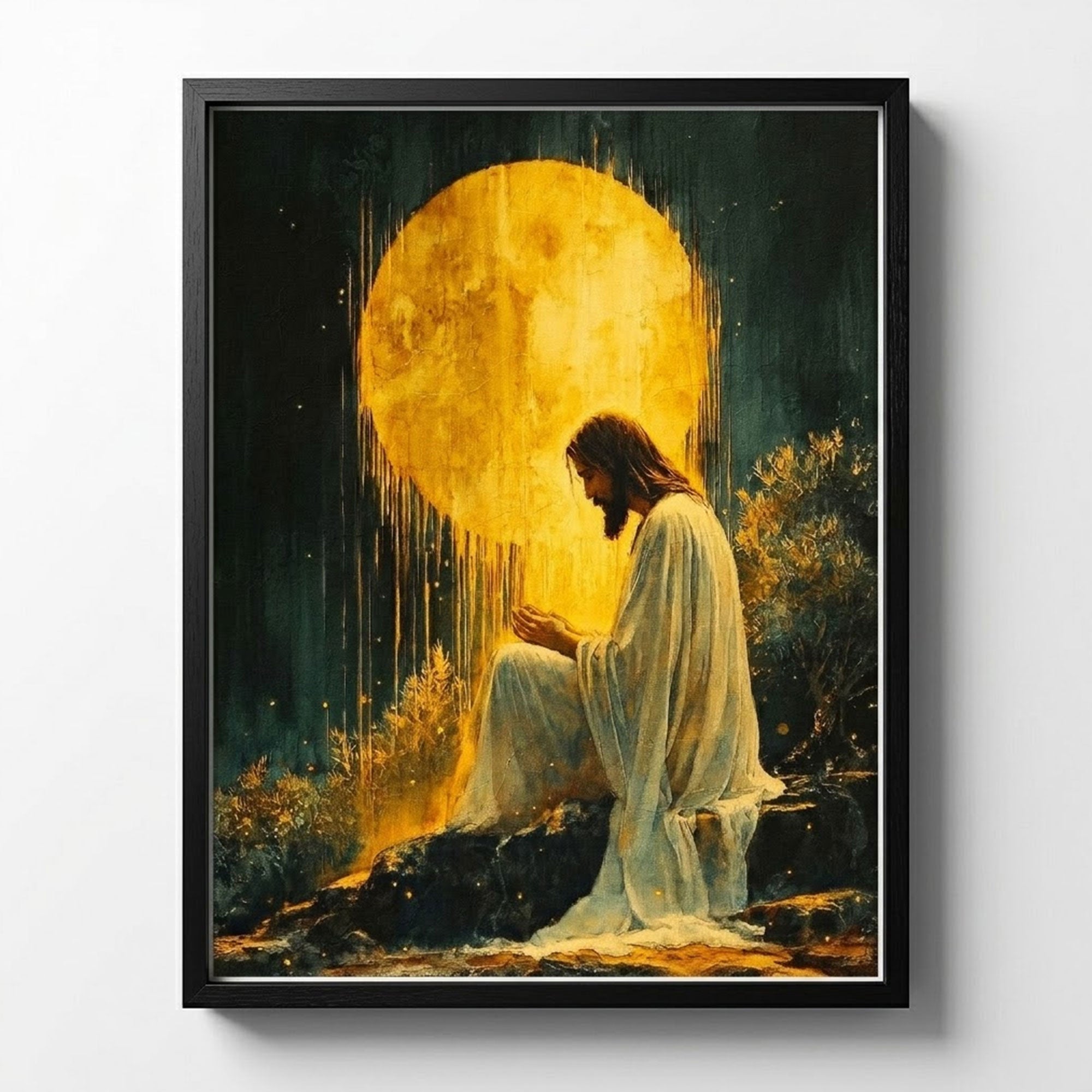 Jesus in the Garden of Gethsemane Canvas Print, Praying Christ Wall Art, Divine Light Christian Decor,